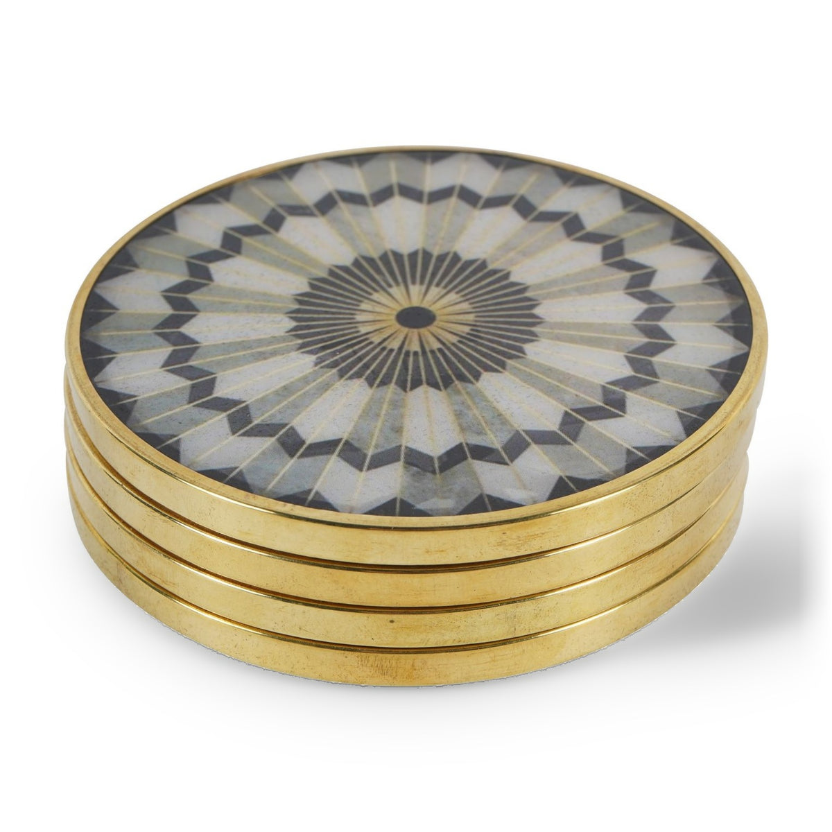 Set of 4 Black Circular Design Grey & Gold Coasters