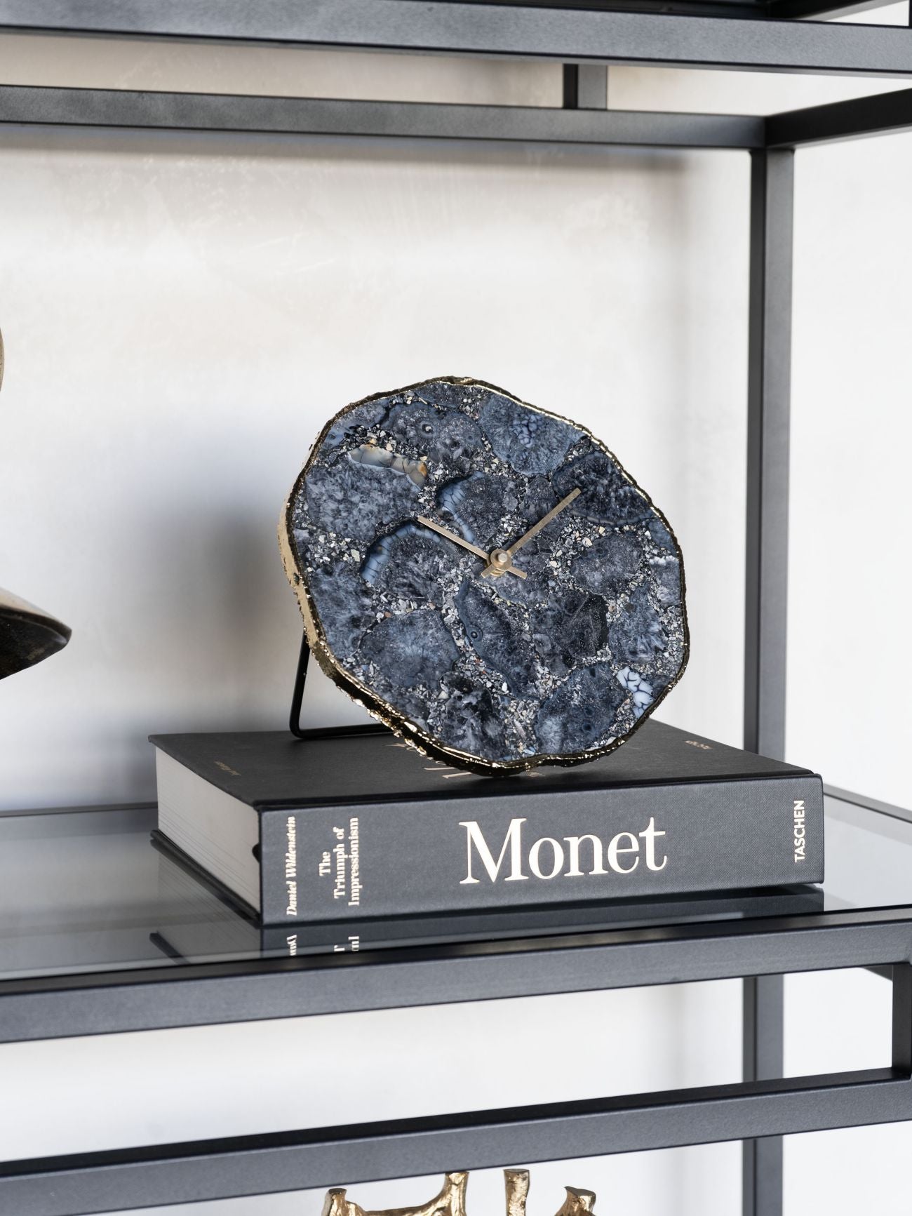 Smokey Agate Stone & Gold Mantel Clock