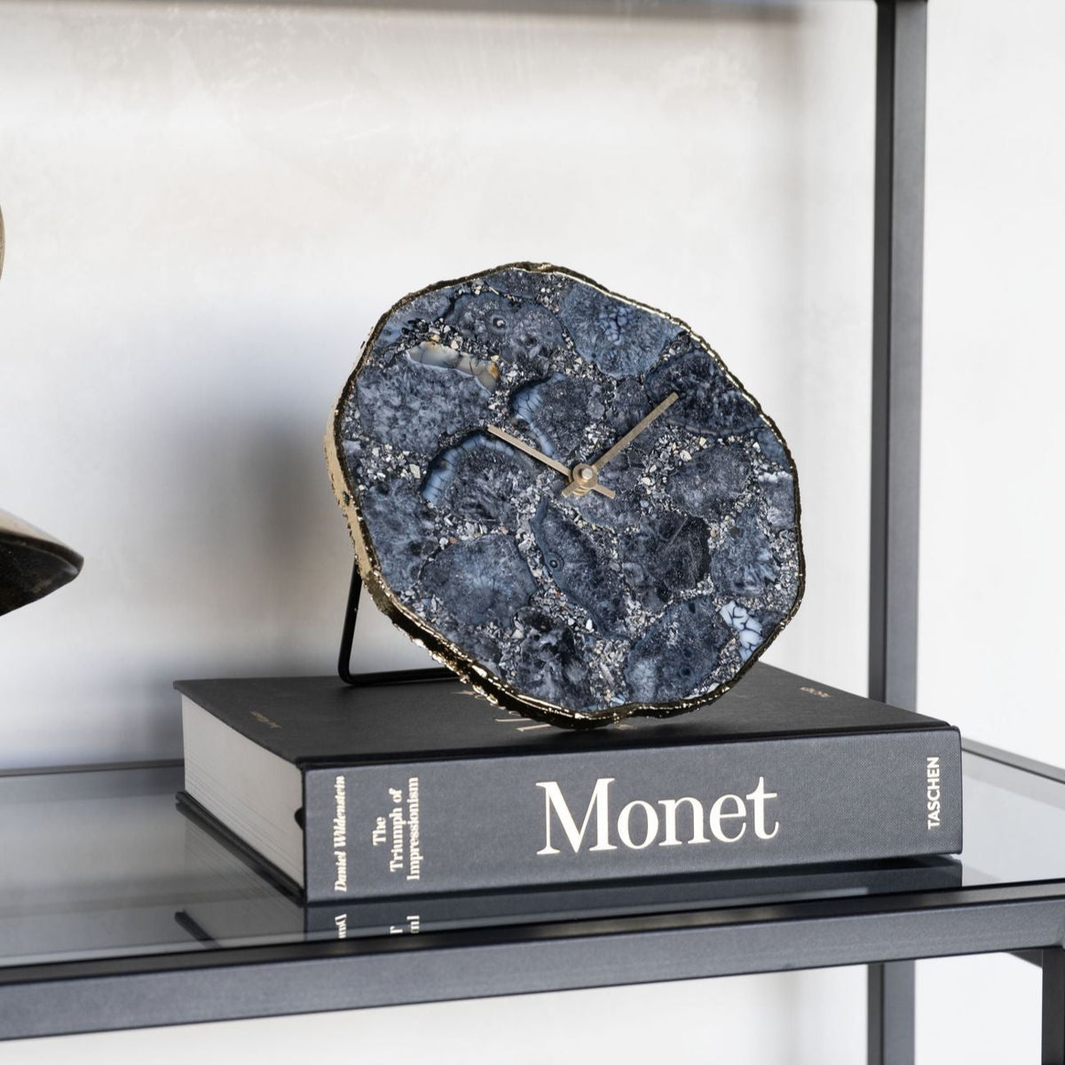 Smokey Agate Stone & Gold Mantel Clock