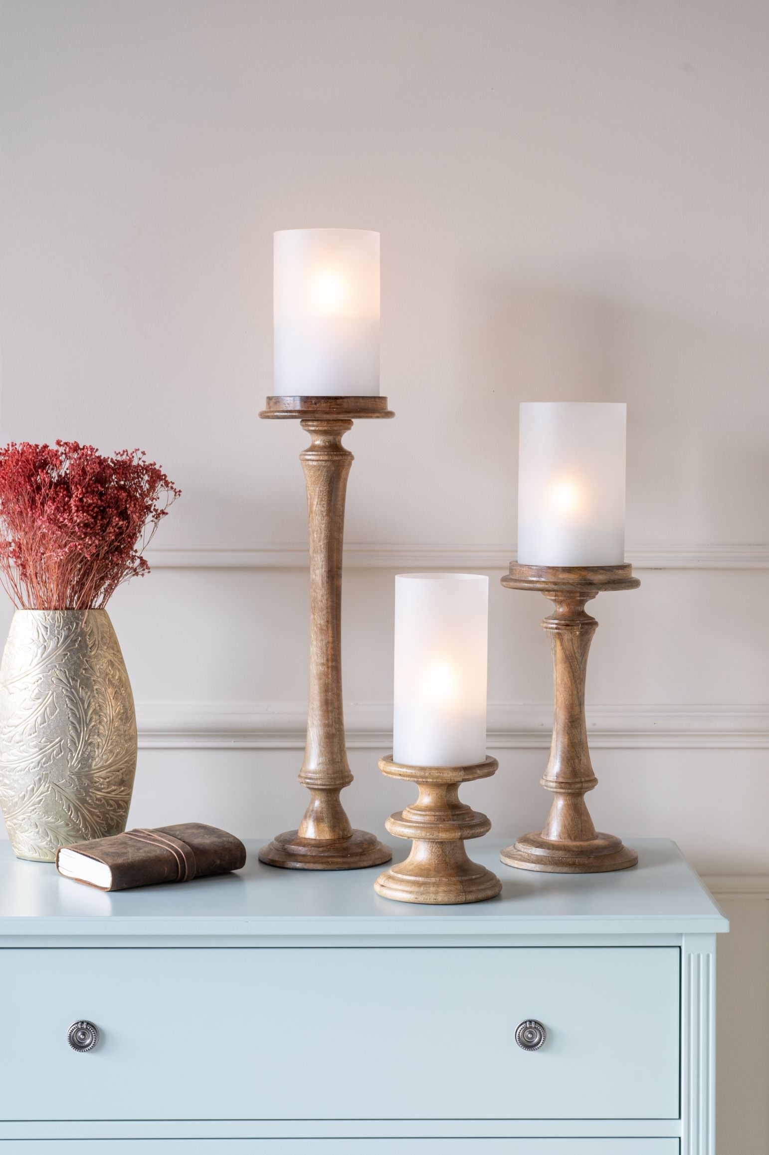 Laura Ashley Wood & Frosted Glass Pedestal Hurricane Candle Holder Large