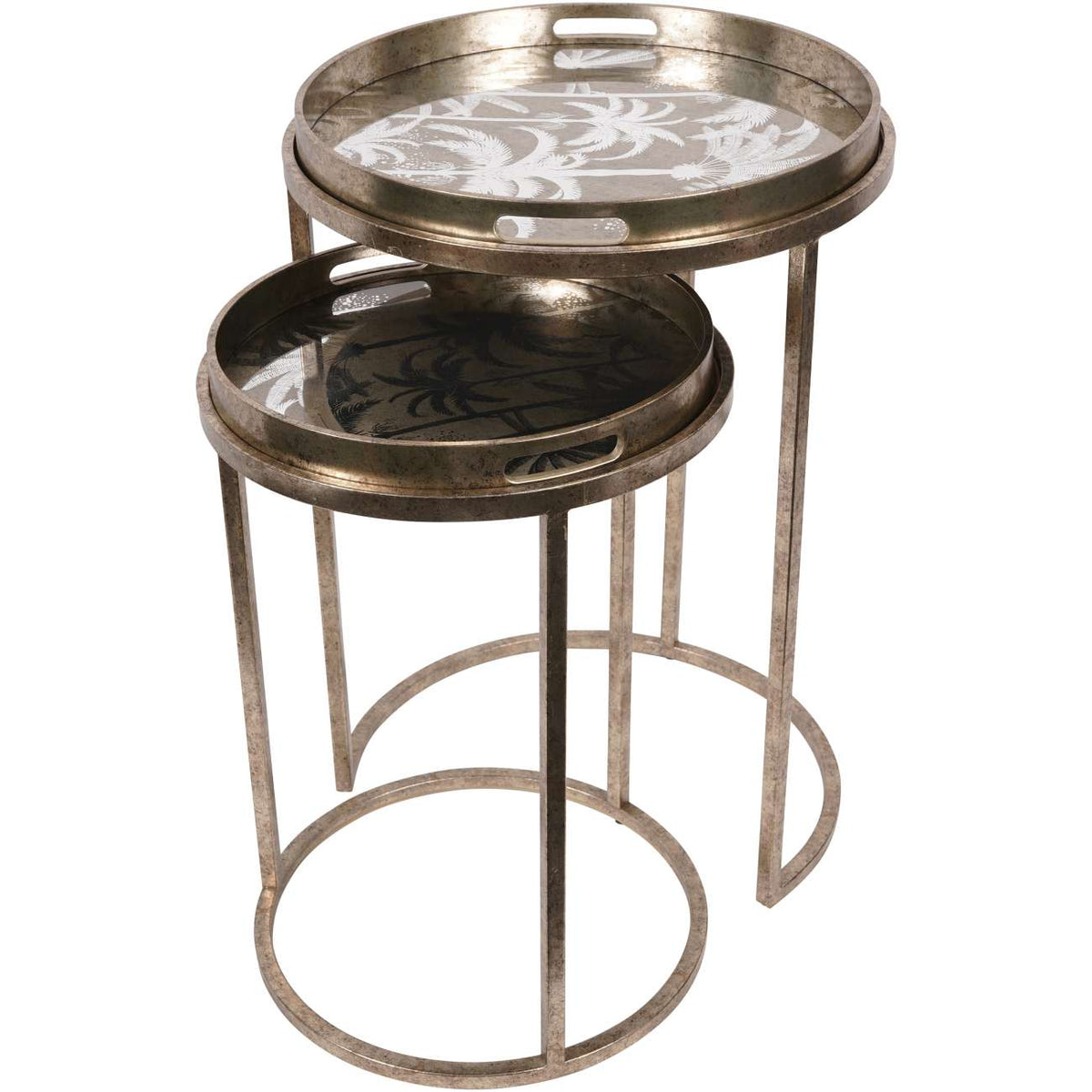Set of 2 Gold Palm Tree Tray Side Tables Nest