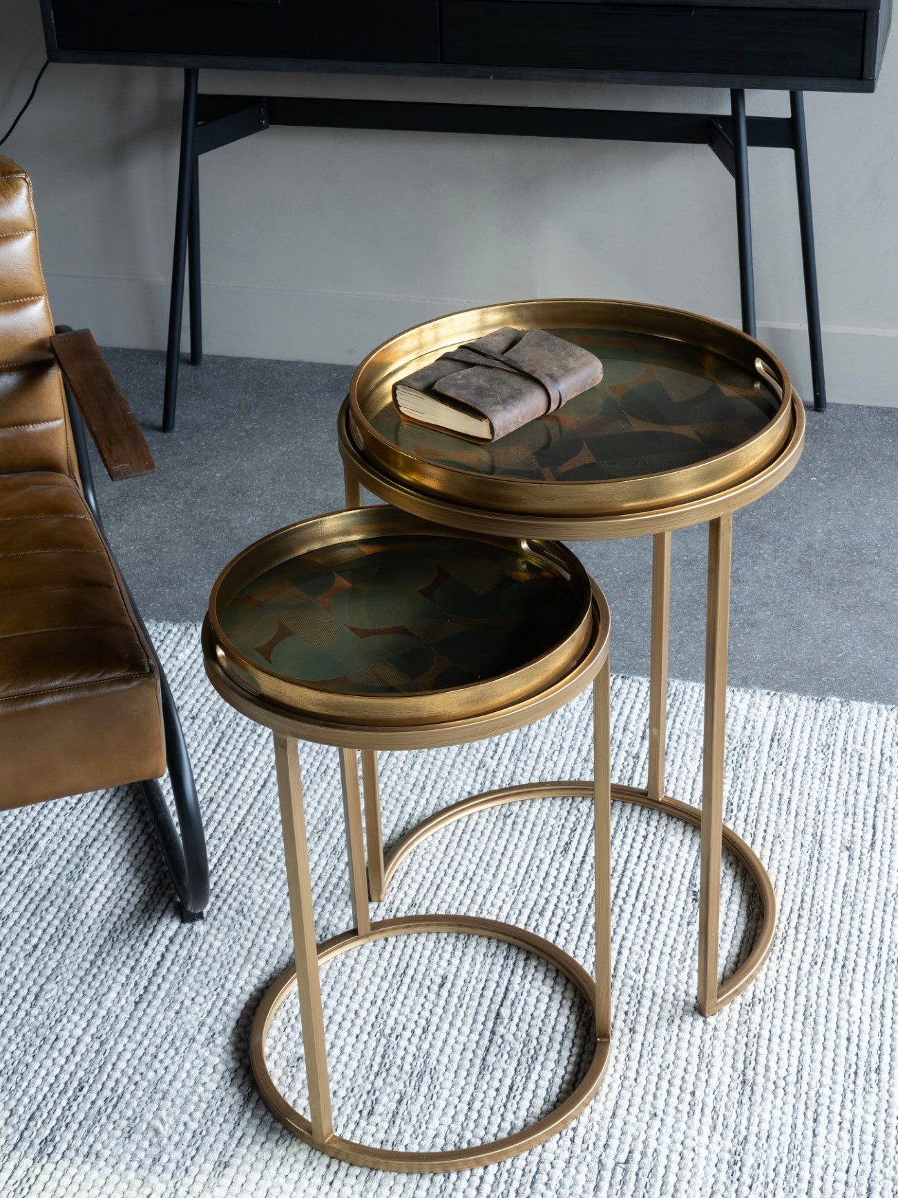 Set of 2 Retro Pattern Gold Tray Side Tables
