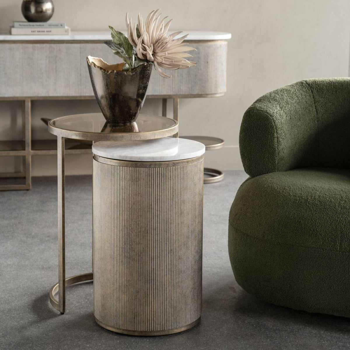 Belvedere Aged Gold & White Marble Side Table Nest