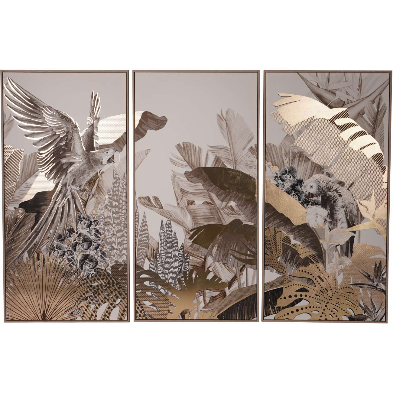 Framed Tropical Birds Taupe Gold 3 Piece Canvas Wall Art Large