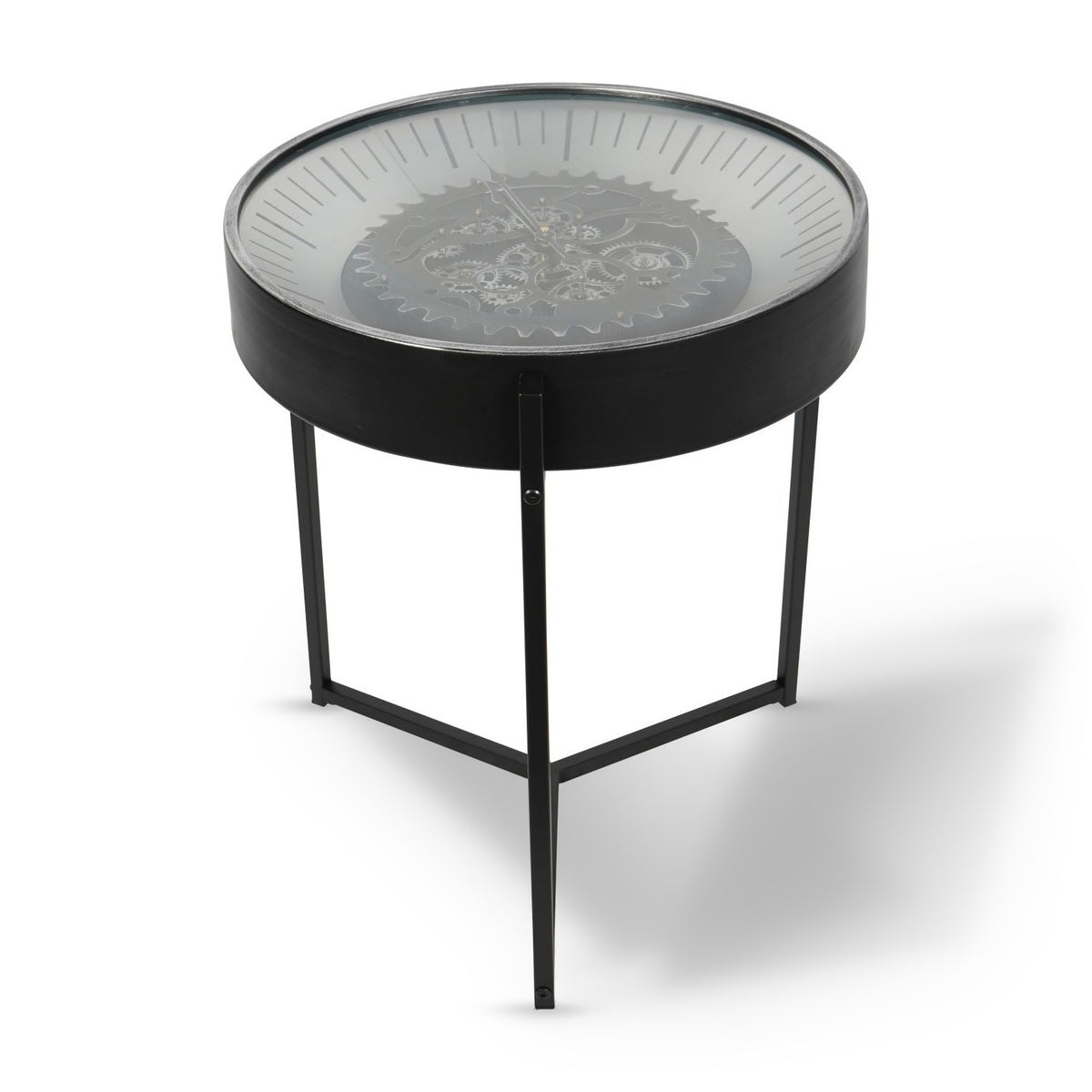 Palladium Black & Glass Moving Dials Clock Side Table