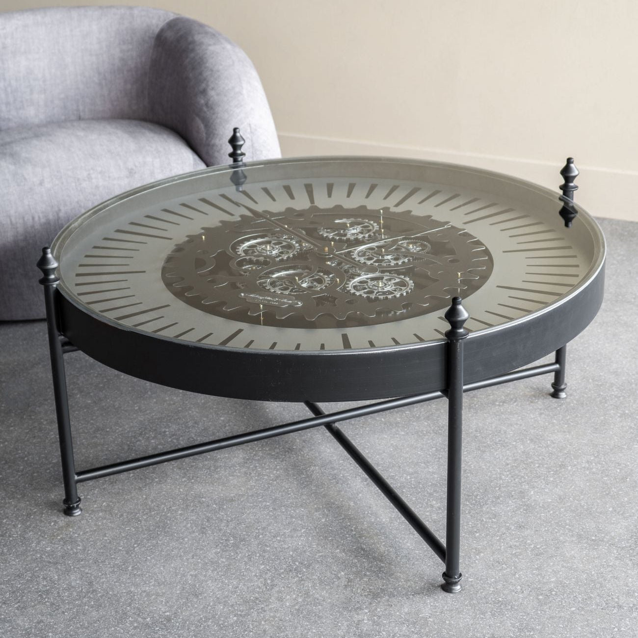 Palladium Black & Glass Moving Dials Clock Coffee Table