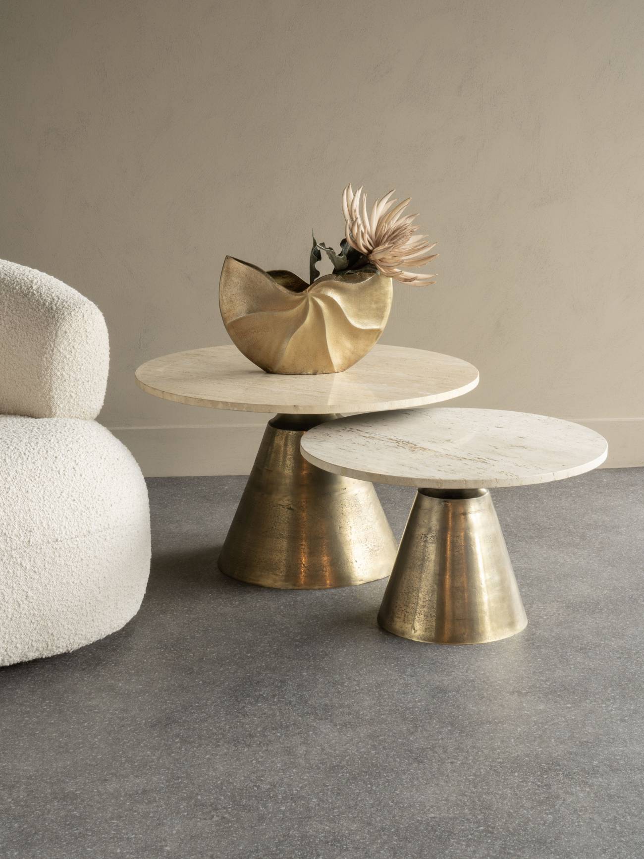 Clifton II Antique Brass & Cream Travertine Coffee Table 75cm lifestyle