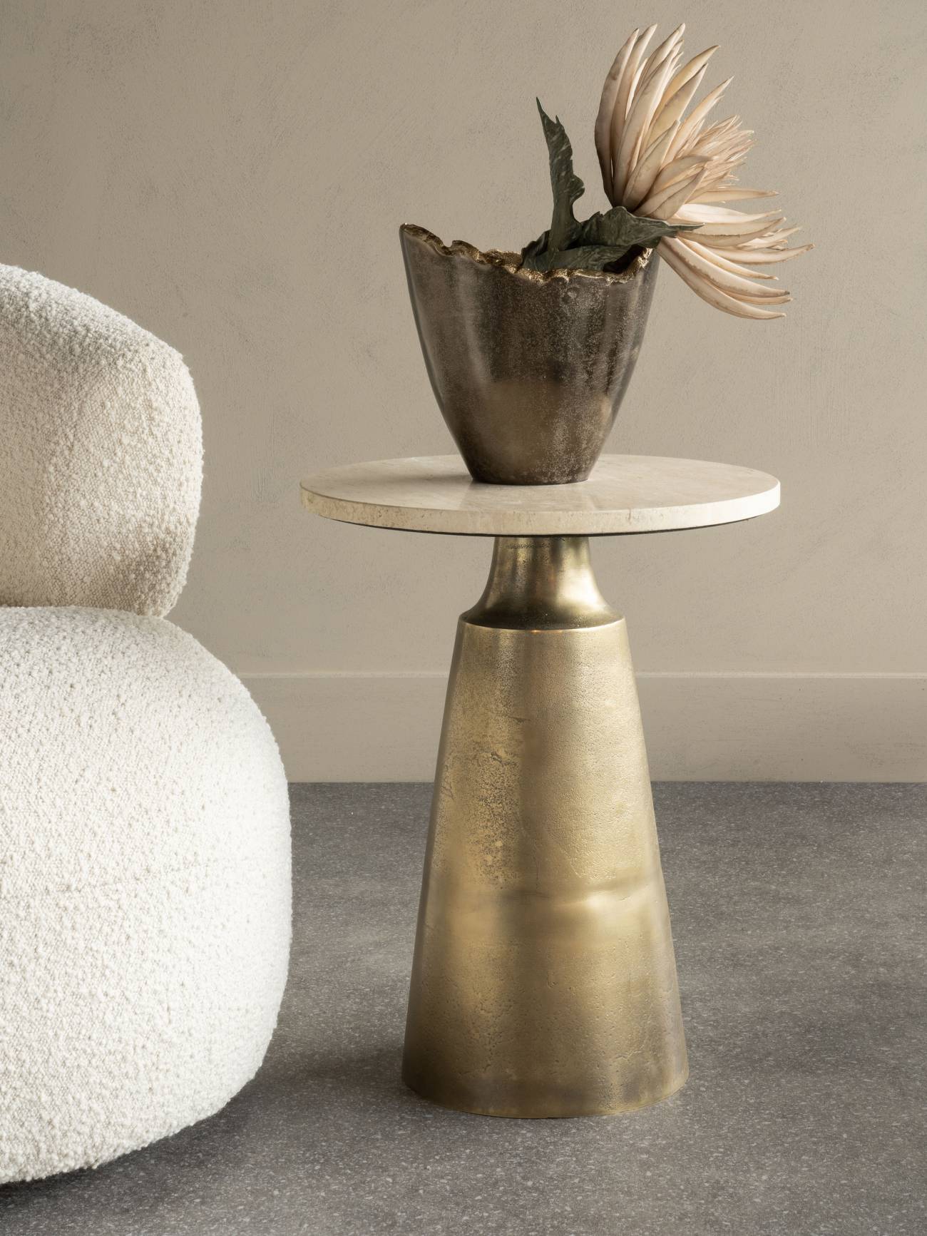 Clifton II Antique Brass & Cream Travertine Side Table