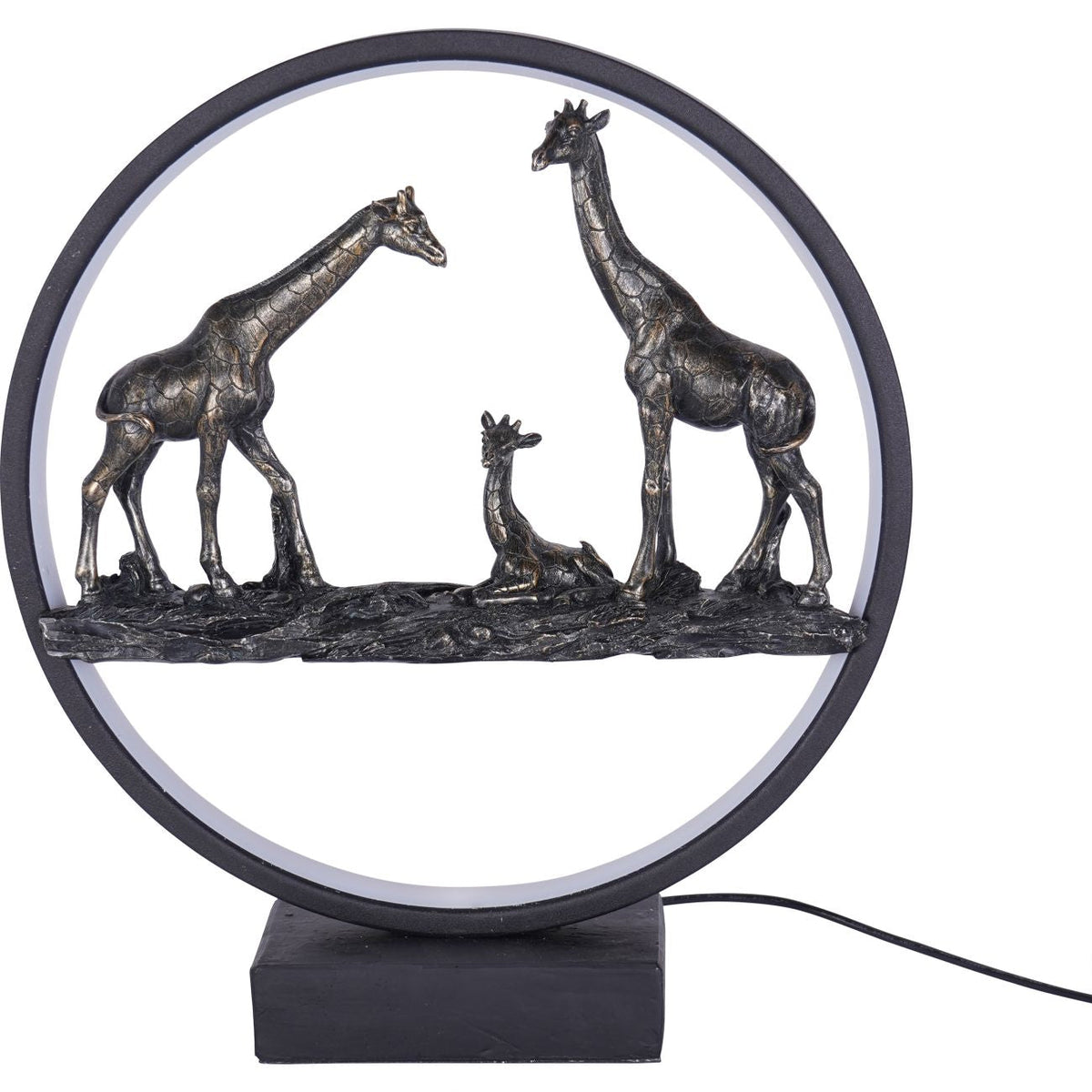 Antique Bronze Giraffe Family Sculpture with LED Ring Light