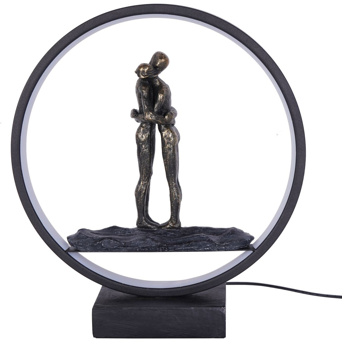 Antique Bronze Hugging Couple Sculpture with LED Ring Light