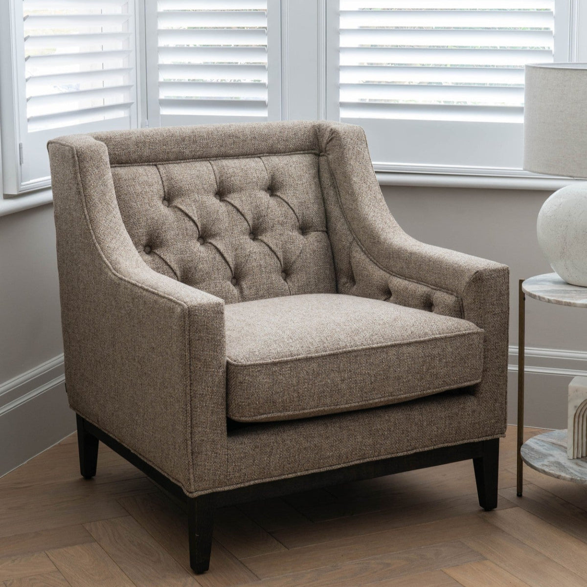 Theodore Dark Taupe Buttoned Armchair