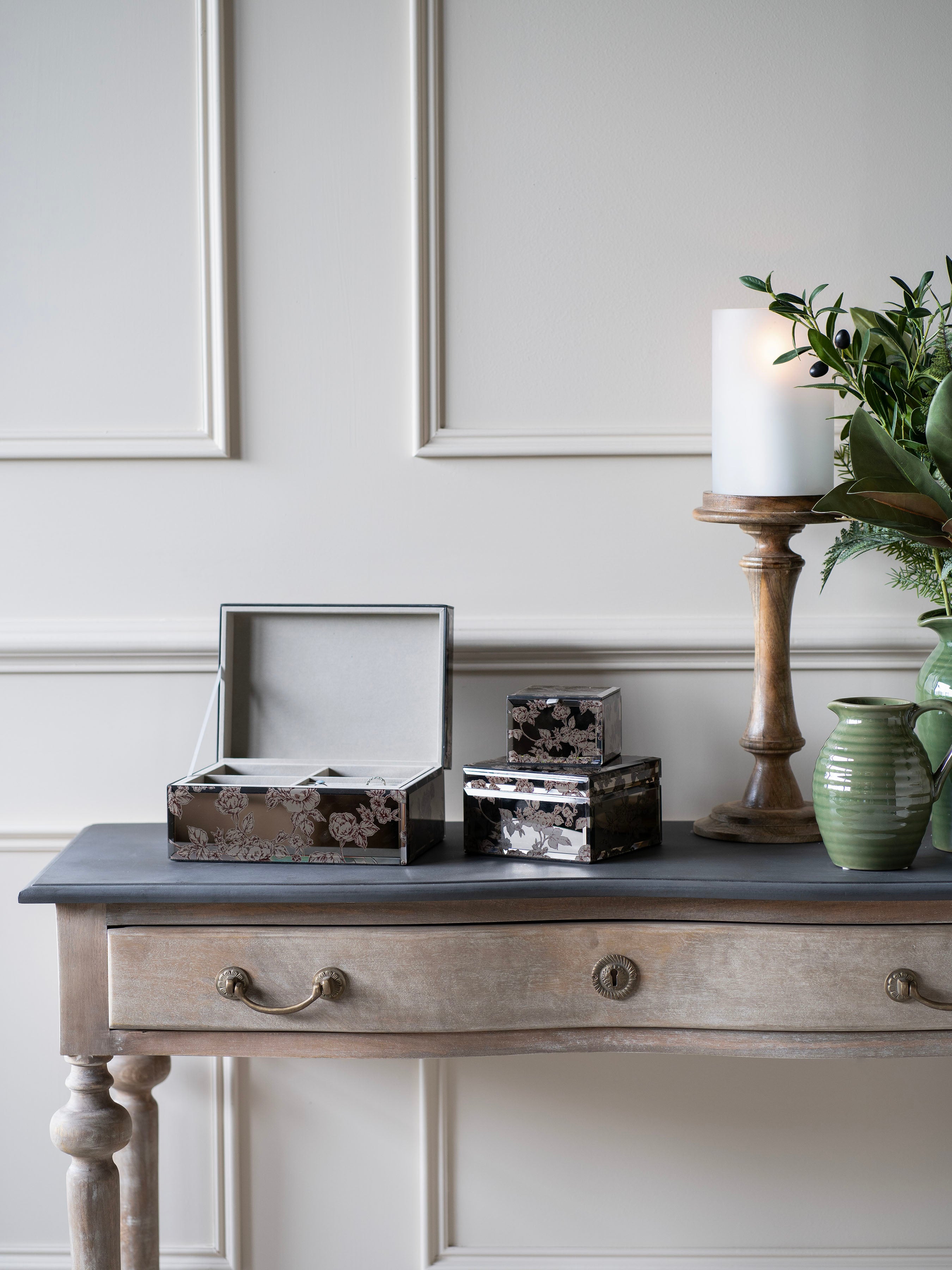 Laura Ashley Truffle Pollington Roses Medium Mirrored Printed Jewellery Box