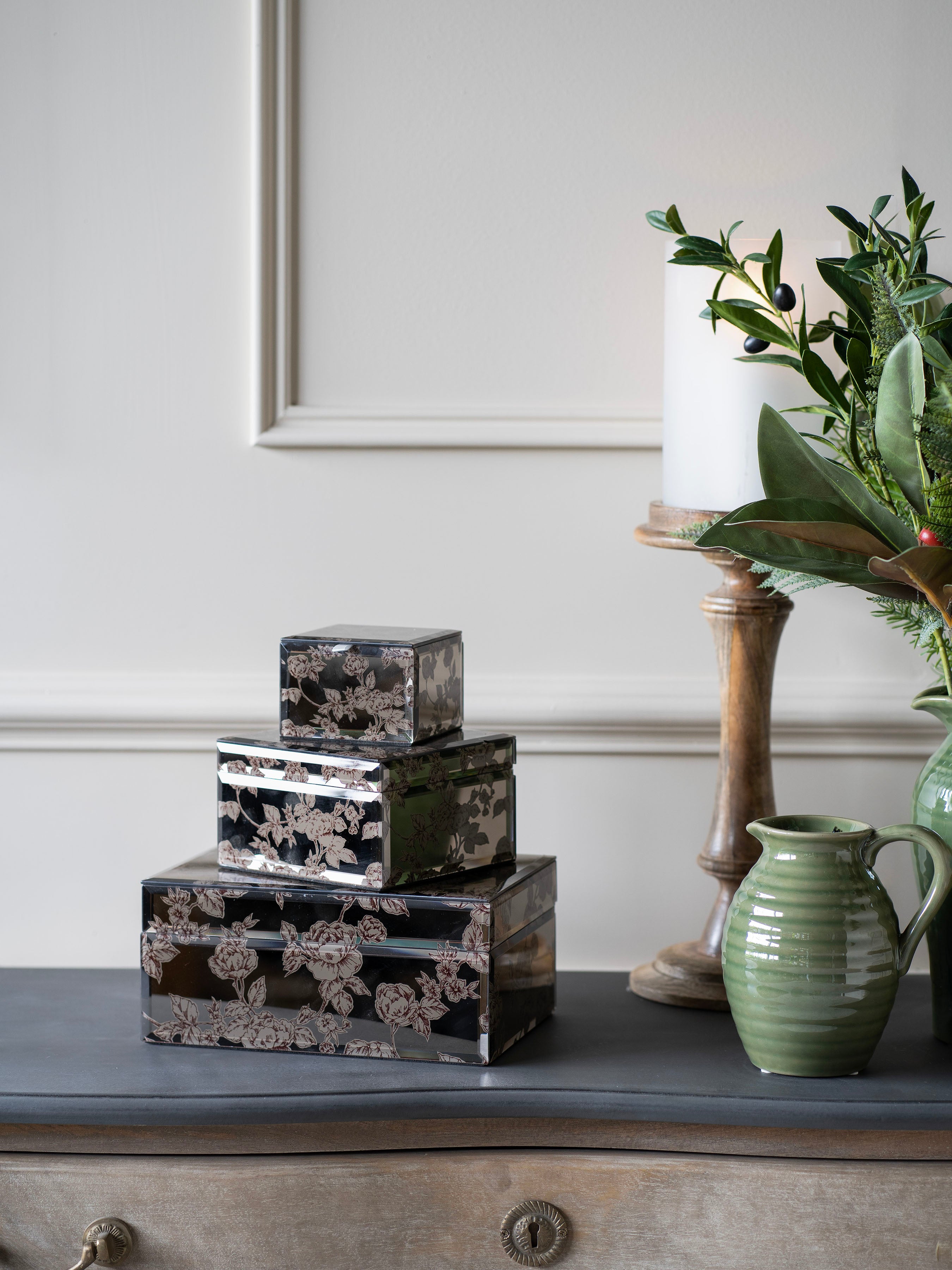 Laura Ashley Truffle Pollington Roses Medium Mirrored Printed Jewellery Box