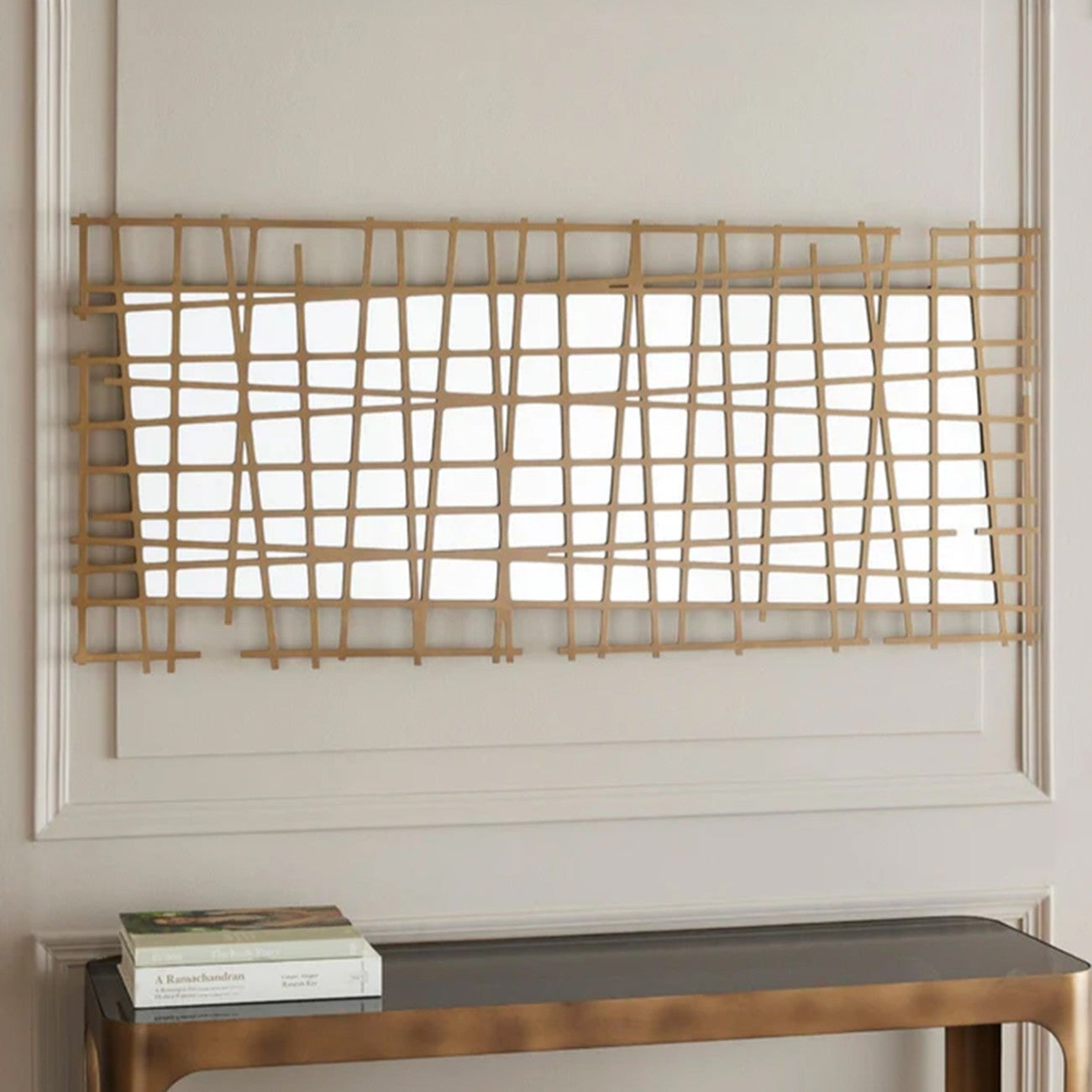 Art Deco Brass Lattice Full Length Wall Mirror