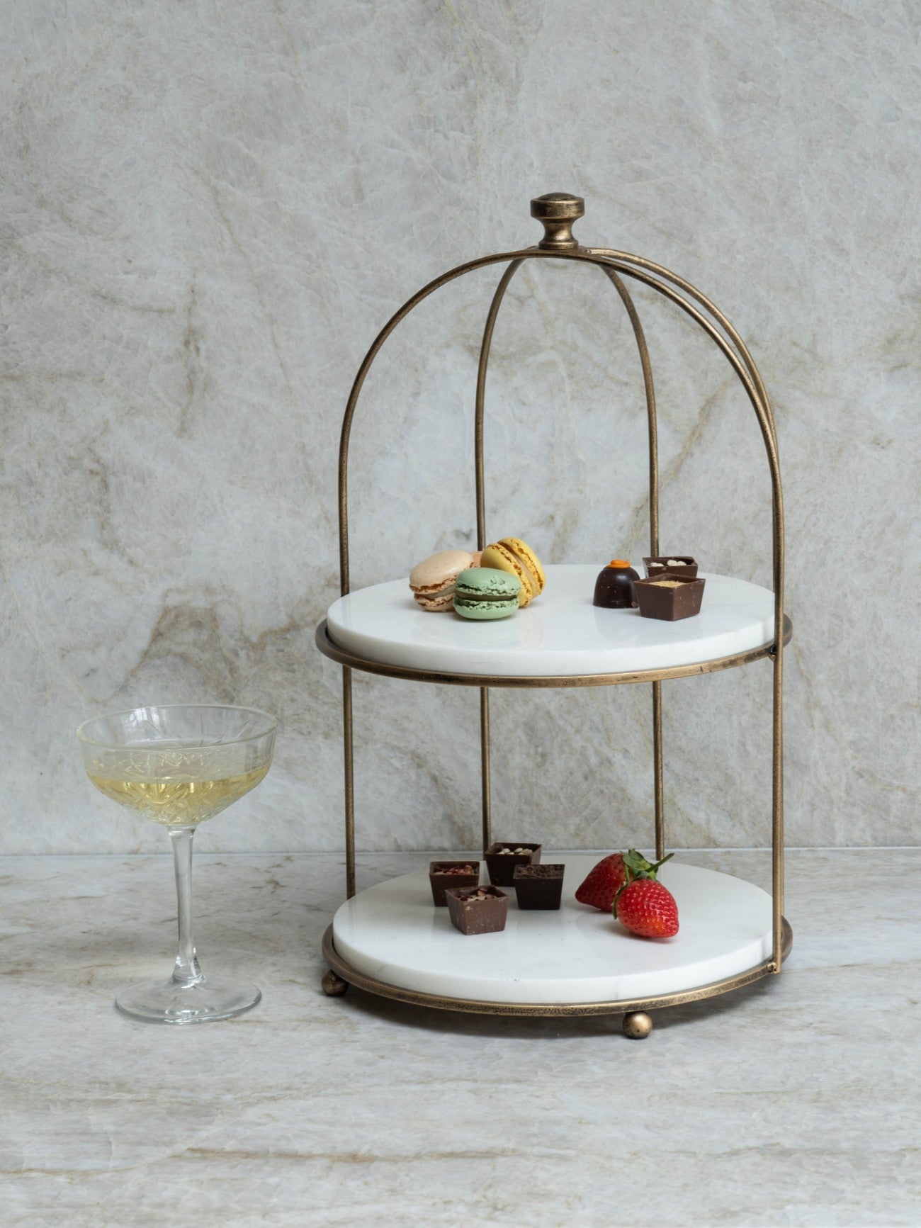 Belvedere Aged Gold & White Marble 1 Tiered Stand