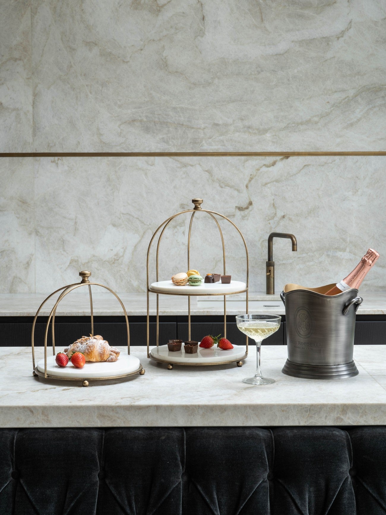 Belvedere Aged Gold & White Marble 1 Tiered Stand