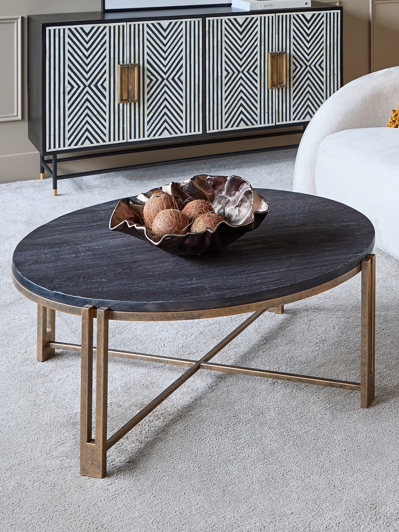 Dalston Black Sandblasted Wood & Champagne Round Coffee Table lifestyle