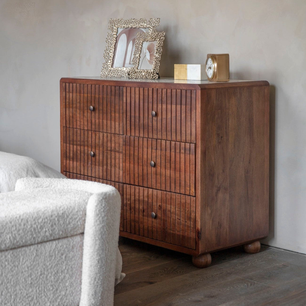 Carmel Curved Mango Wood & White Marble Chest of Drawers