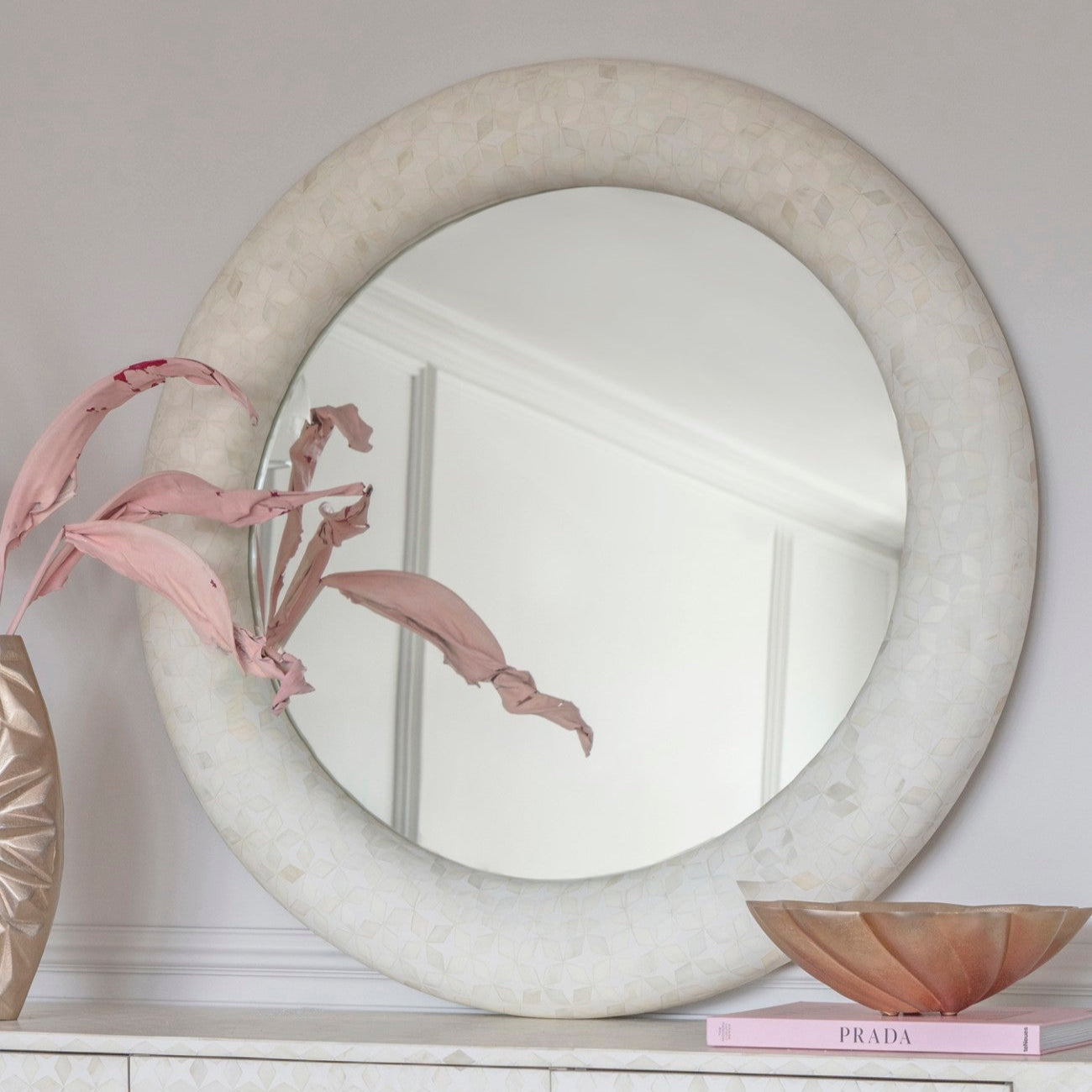 Aspen White Bone Inlay Round Mirror 100cm