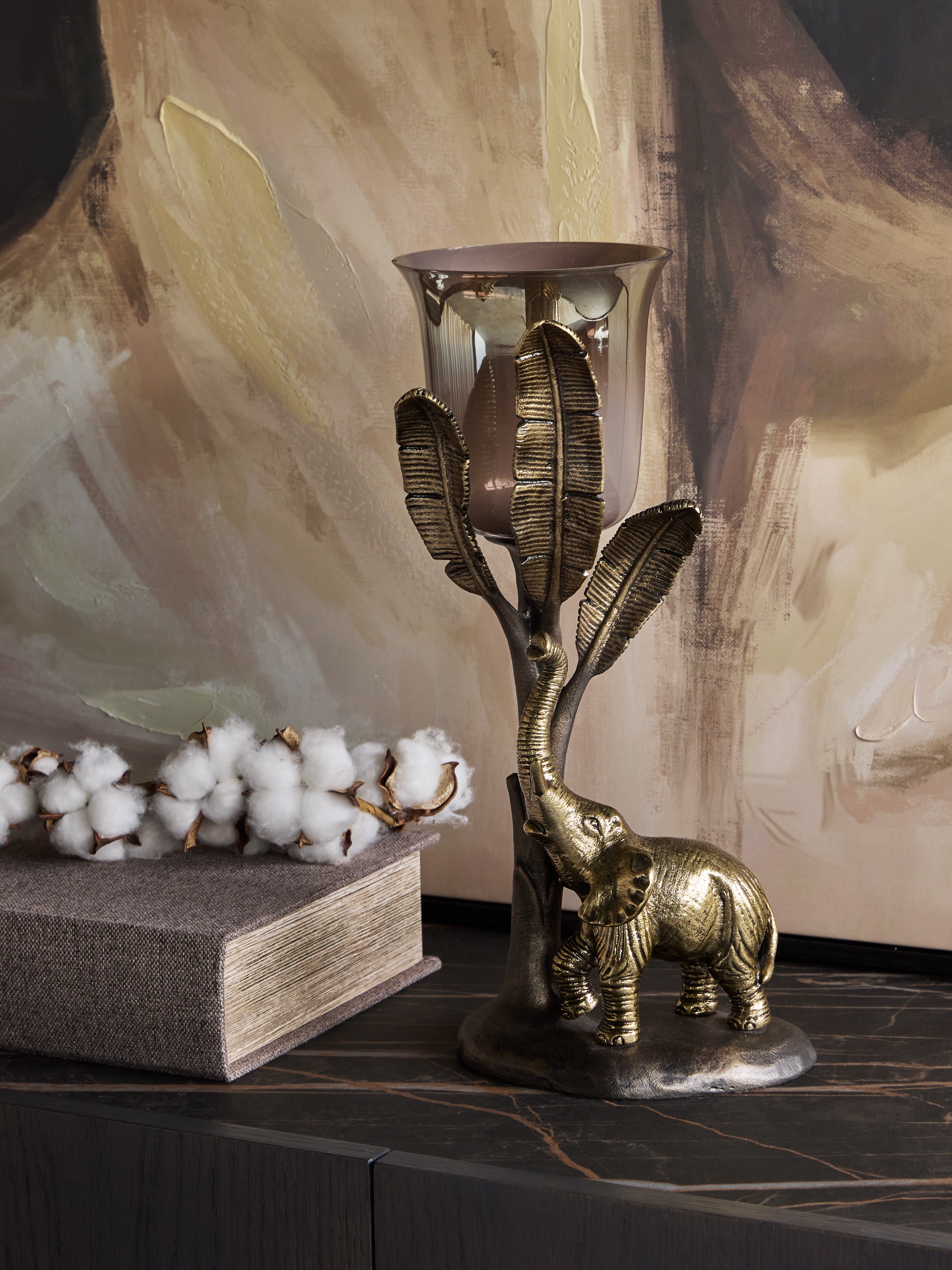 Kariba Antique Brass Elephant Hurricane Candle Holder | Large lifestyle