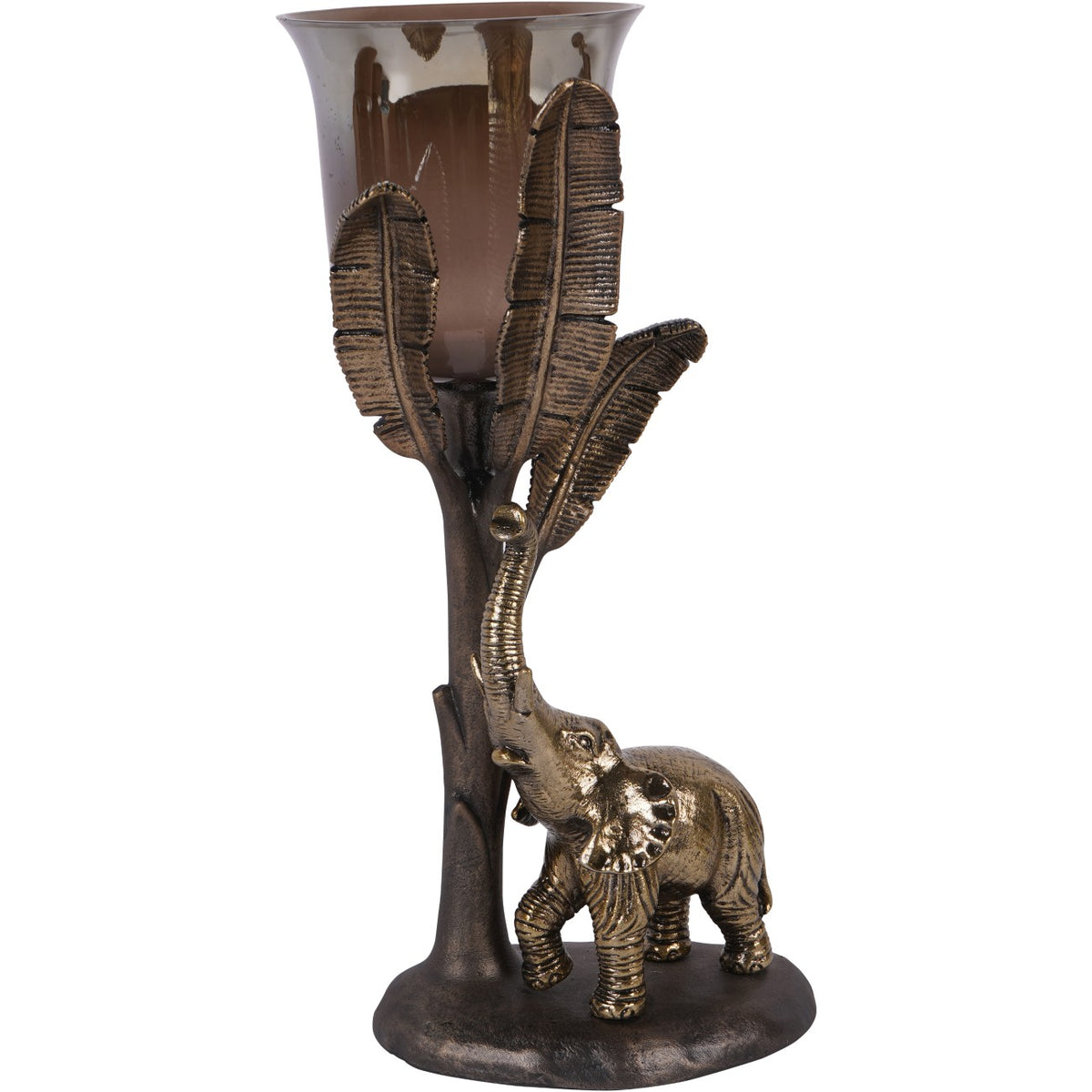 Kariba Antique Brass Elephant Hurricane Candle Holder | Large