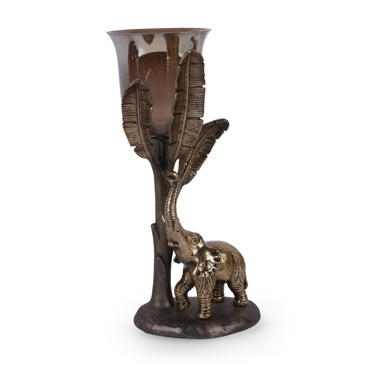 Kariba Antique Brass Elephant Hurricane Candle Holder | Large
