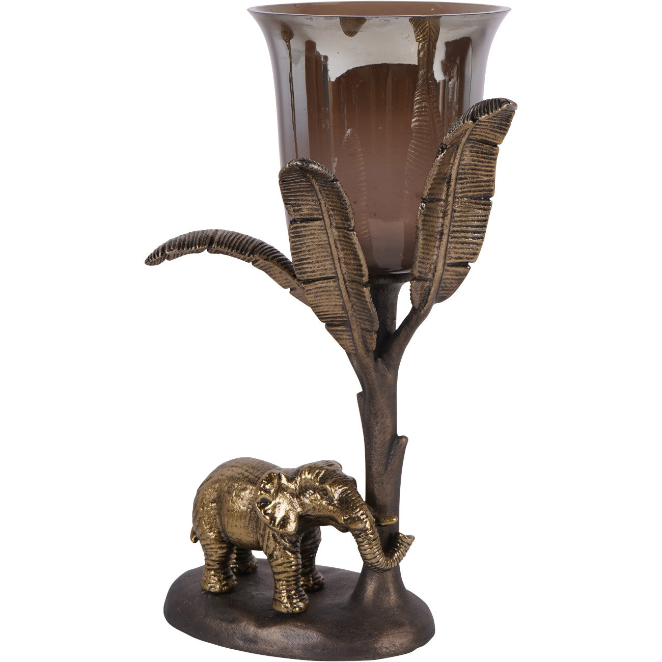Kariba Antique Brass Elephant Hurricane Candle Holder | Small