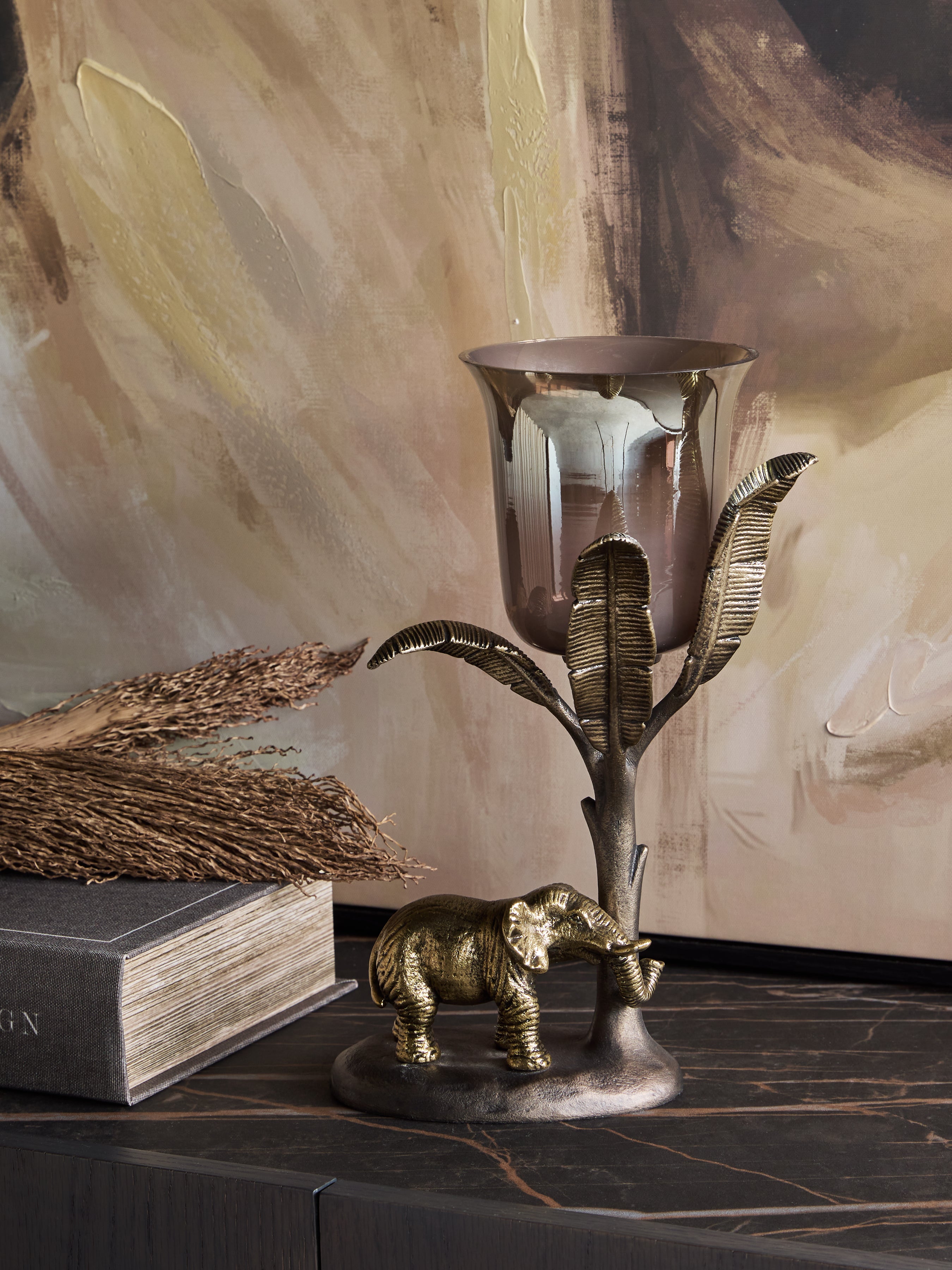 Kariba Antique Brass Elephant Hurricane Candle Holder | Small lifestyle