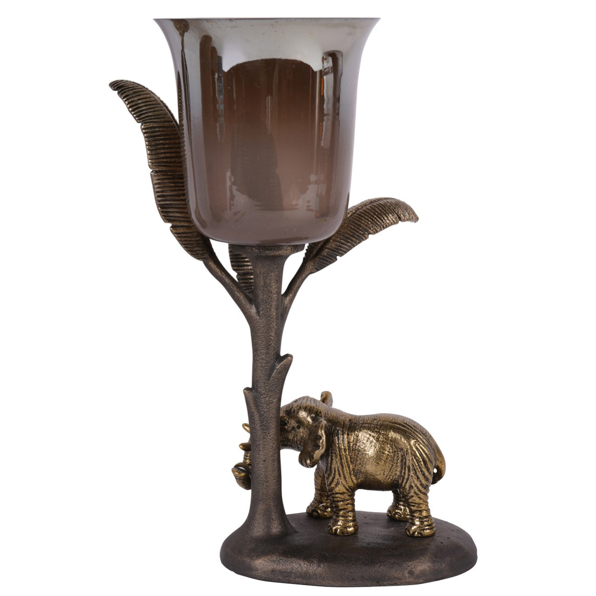 Kariba Antique Brass Elephant Hurricane Candle Holder | Small