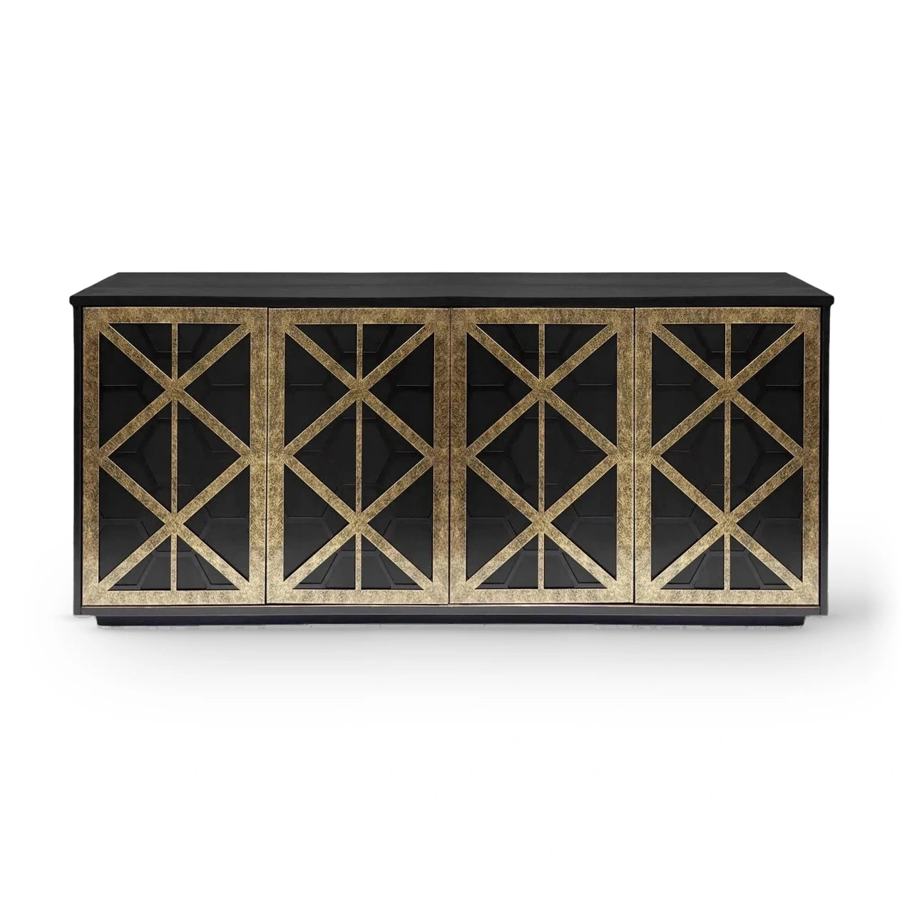 Reeno Fretwork Black Wood & Gold 4 Door Sideboard