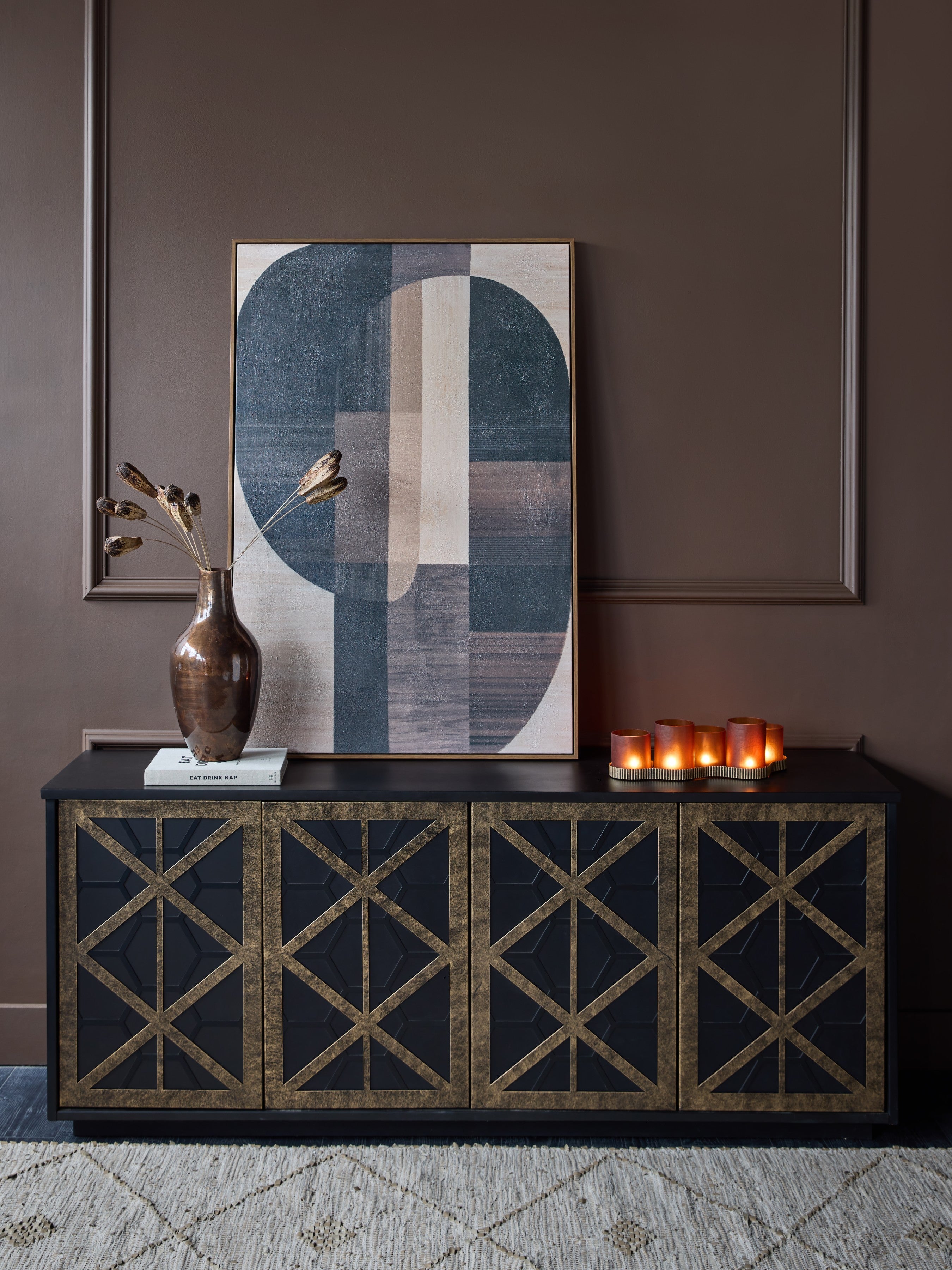 Reeno Fretwork Black Wood & Gold 4 Door Sideboard lifestyle