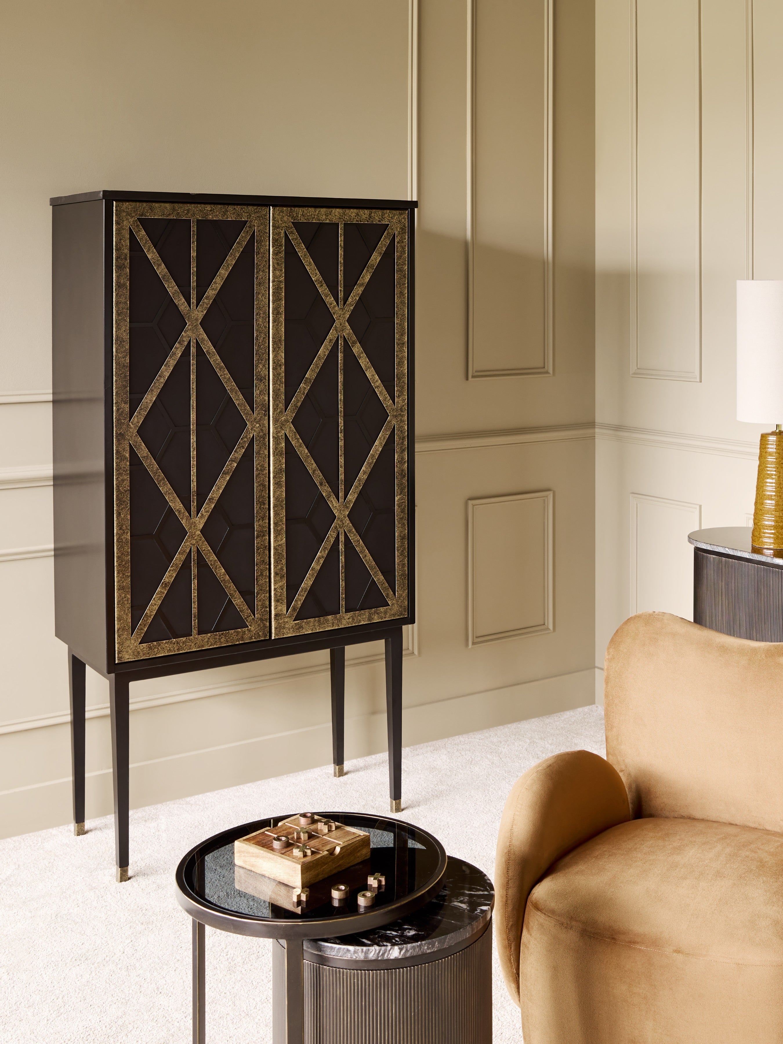 Reeno Fretwork Black Wood & Gold 2 Door Drinks Cabinet lifestyle