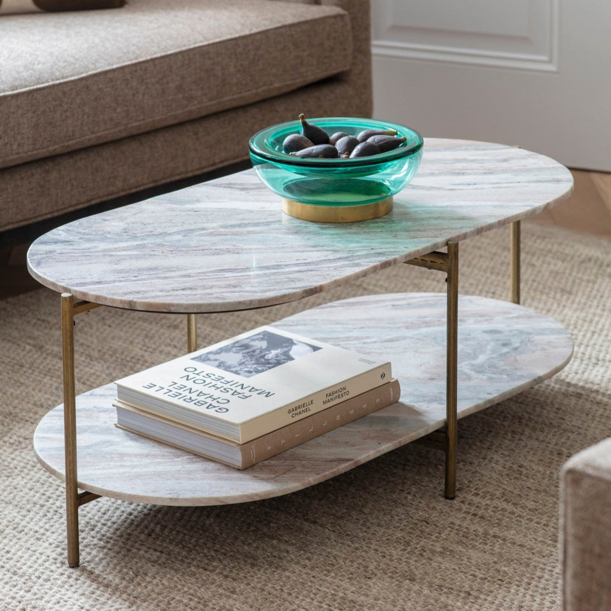 Toronto Grey Marble & Gold Oval Coffee Table