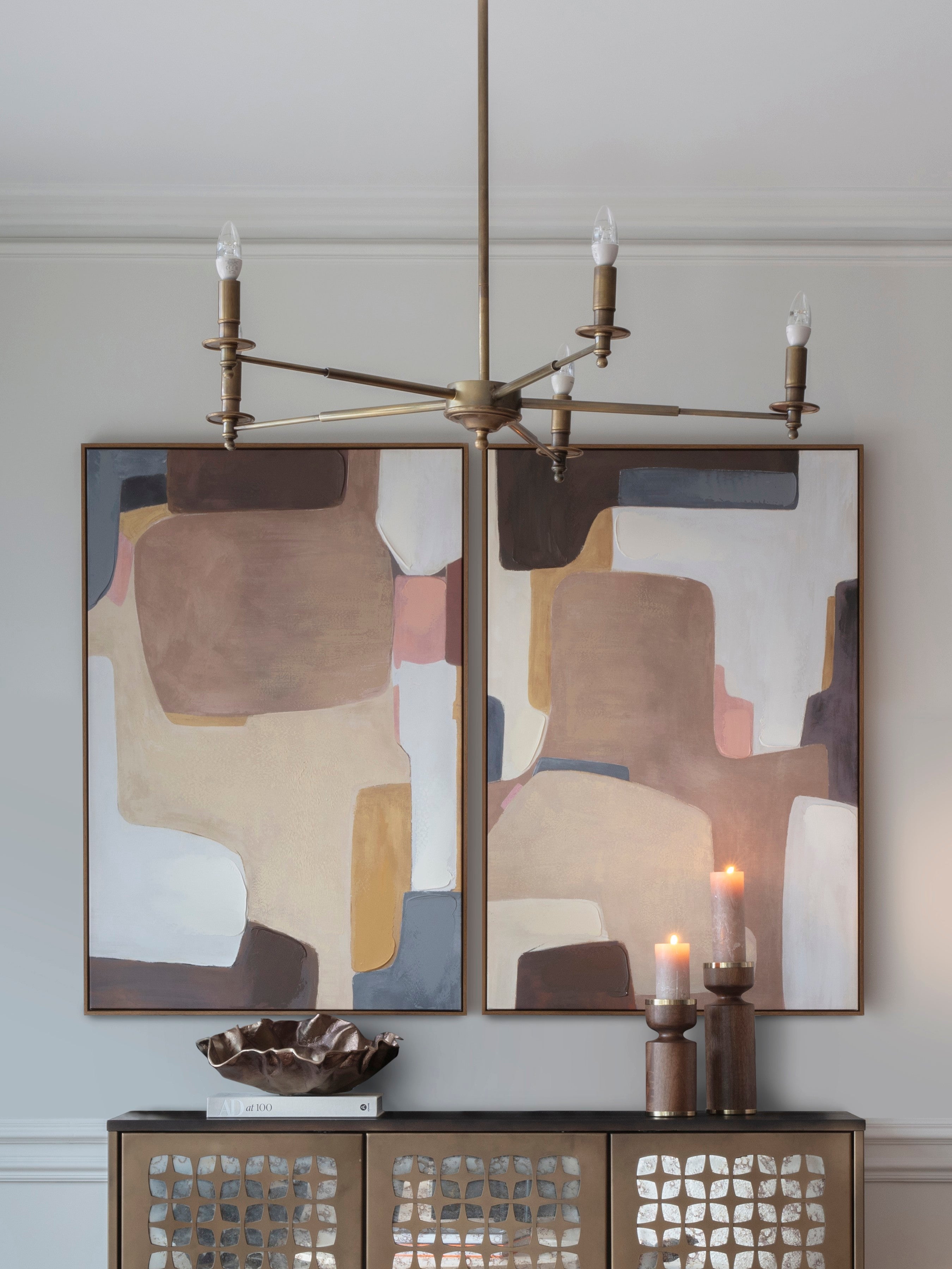 Set of 2 Modern Abstract Brown Ochre Wall Art Canvases lifestyle
