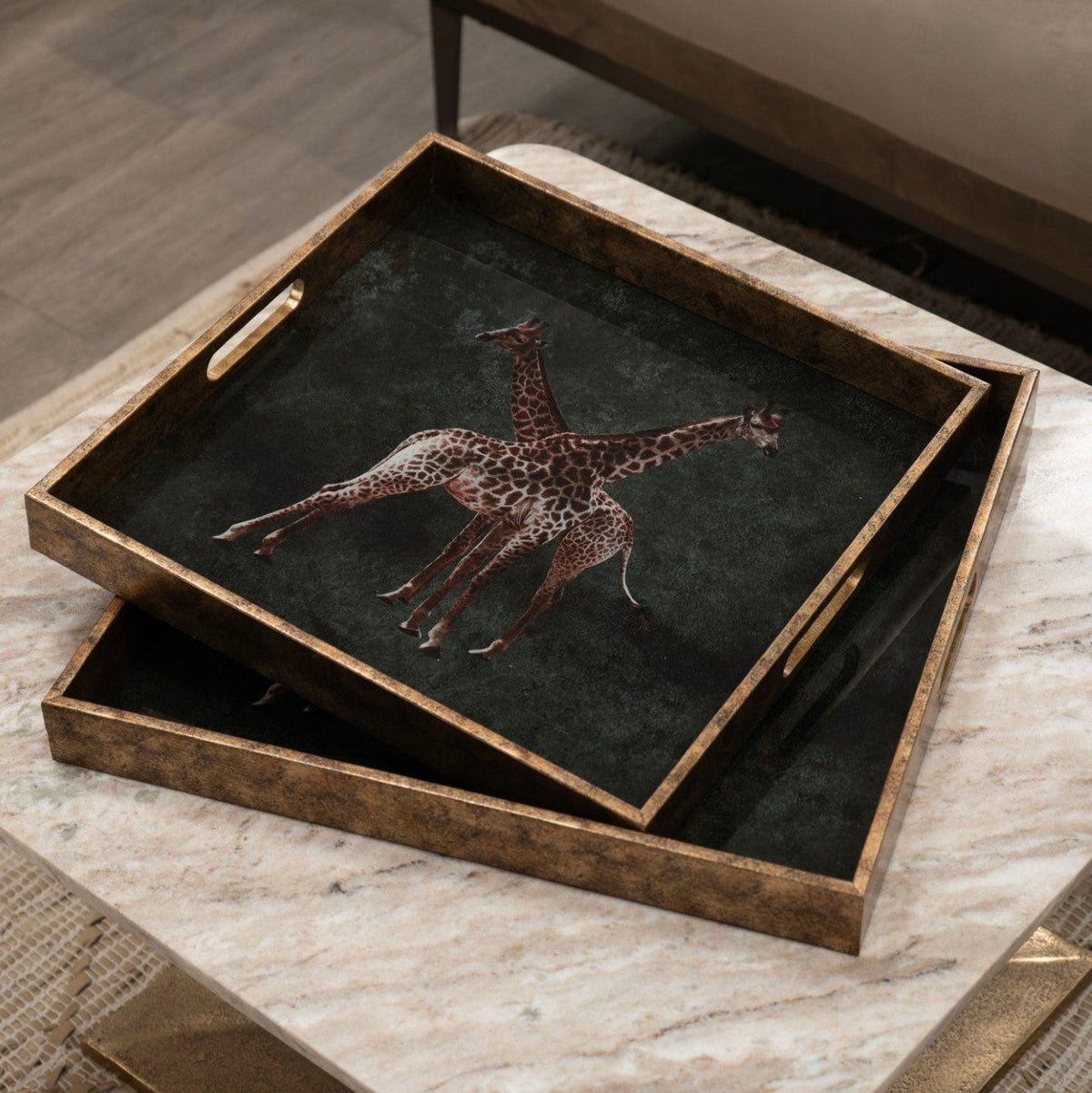 Set of 2 Giraffe Decorative Gold Nesting Trays