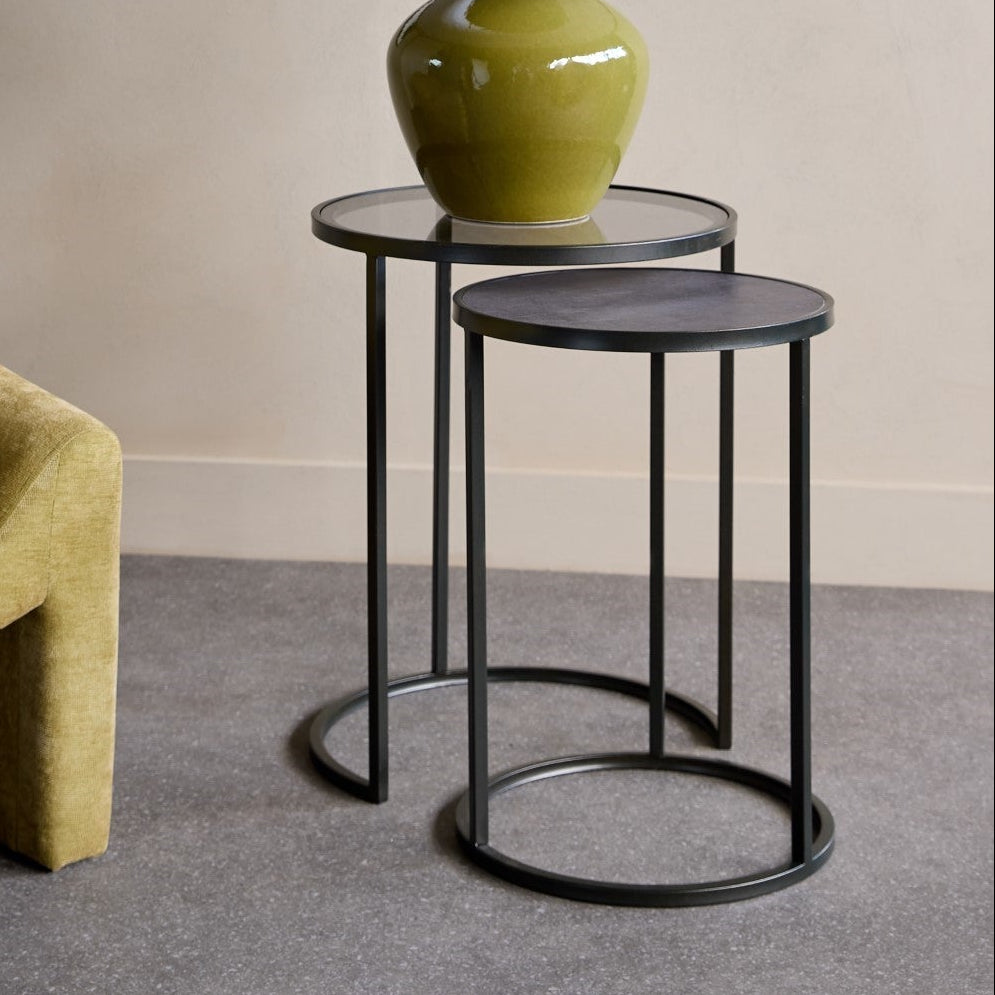 Set of 2 Turner Black & Smoked Glass Side Tables Nest