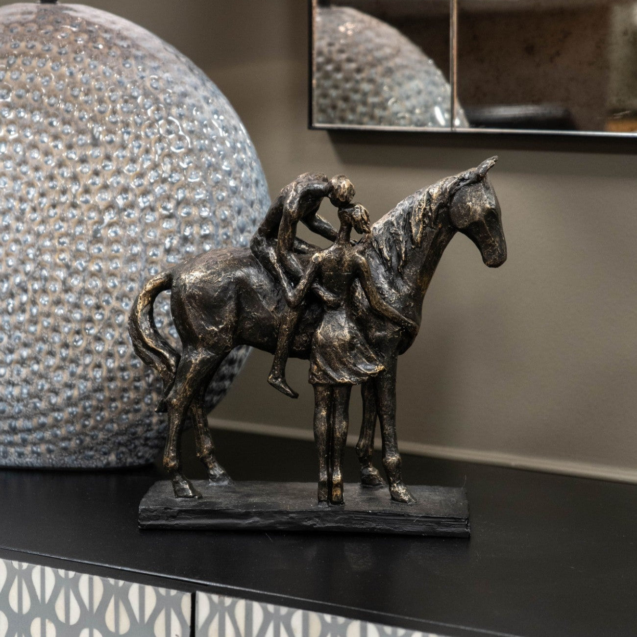 Antique Bronze Kissing Couple with Horse Sculpture