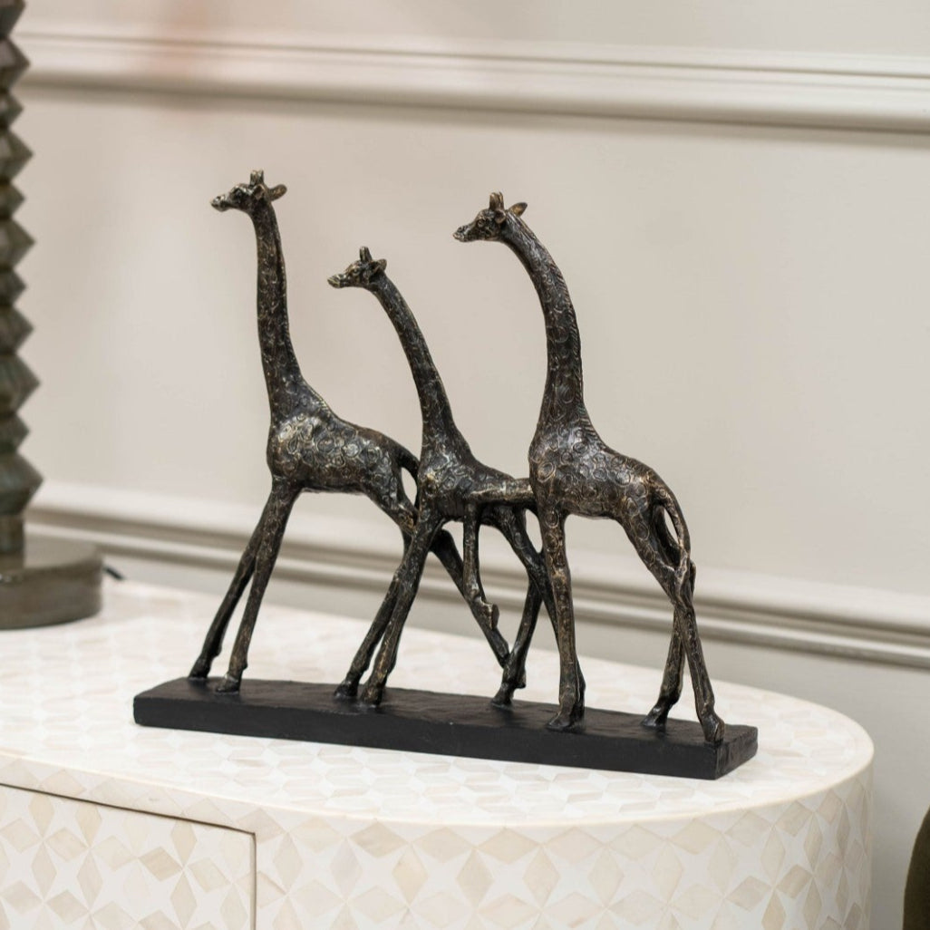 Antique Bronze Family Of Three Giraffes Sculpture