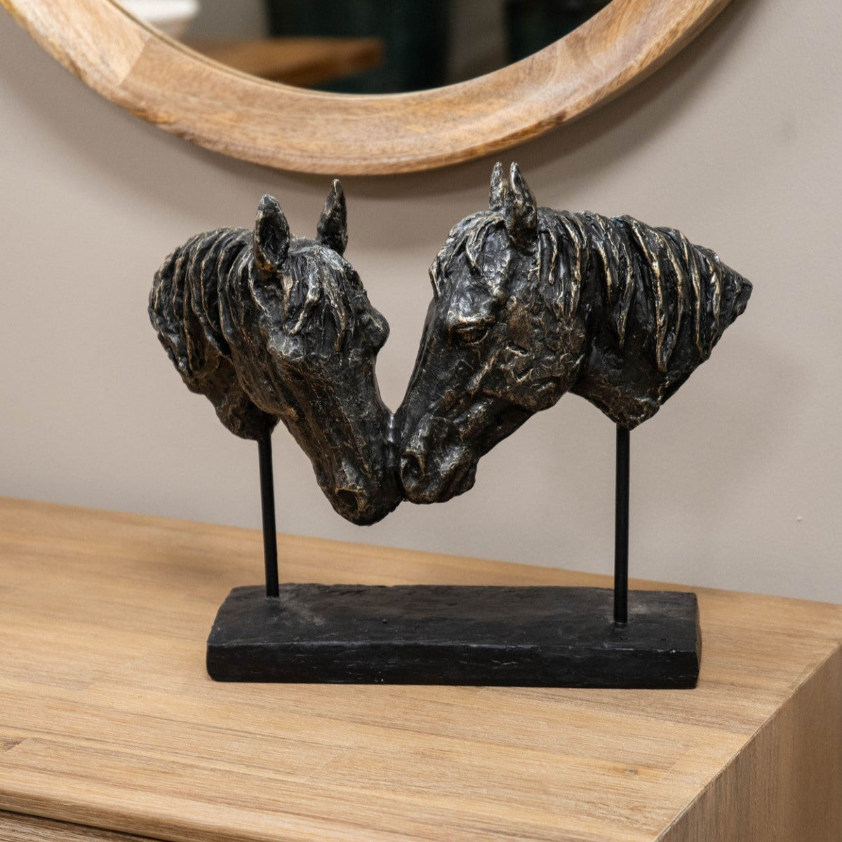 Antique Bronze Nuzzling Bay Horse Heads Sculpture