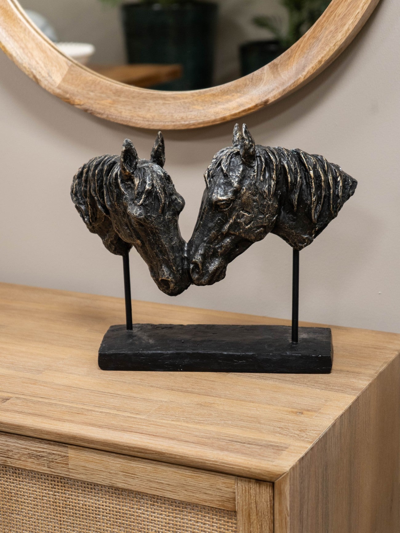 Antique Bronze Nuzzling Bay Horse Heads Sculpture