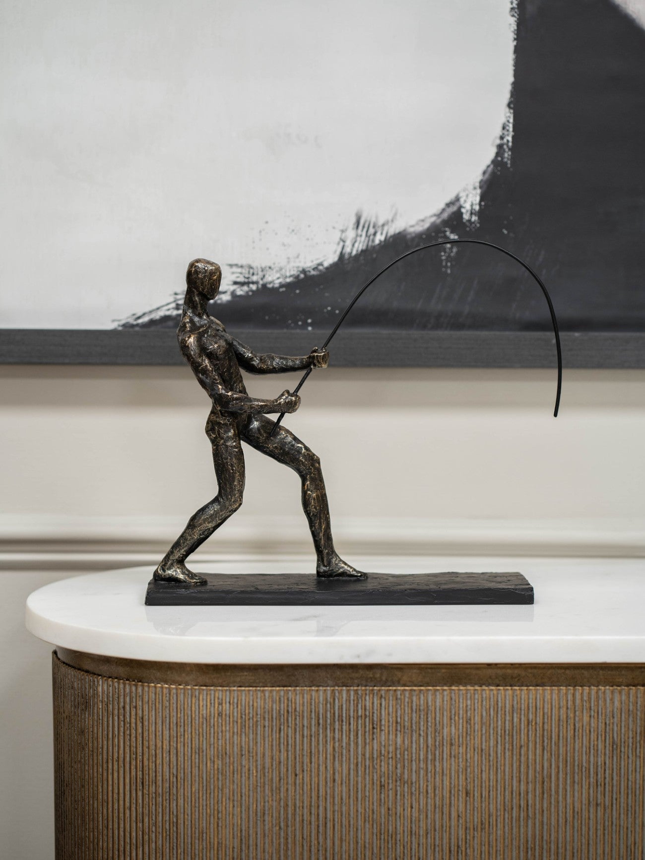 Antique Bronze Fishing Sculpture on Stand