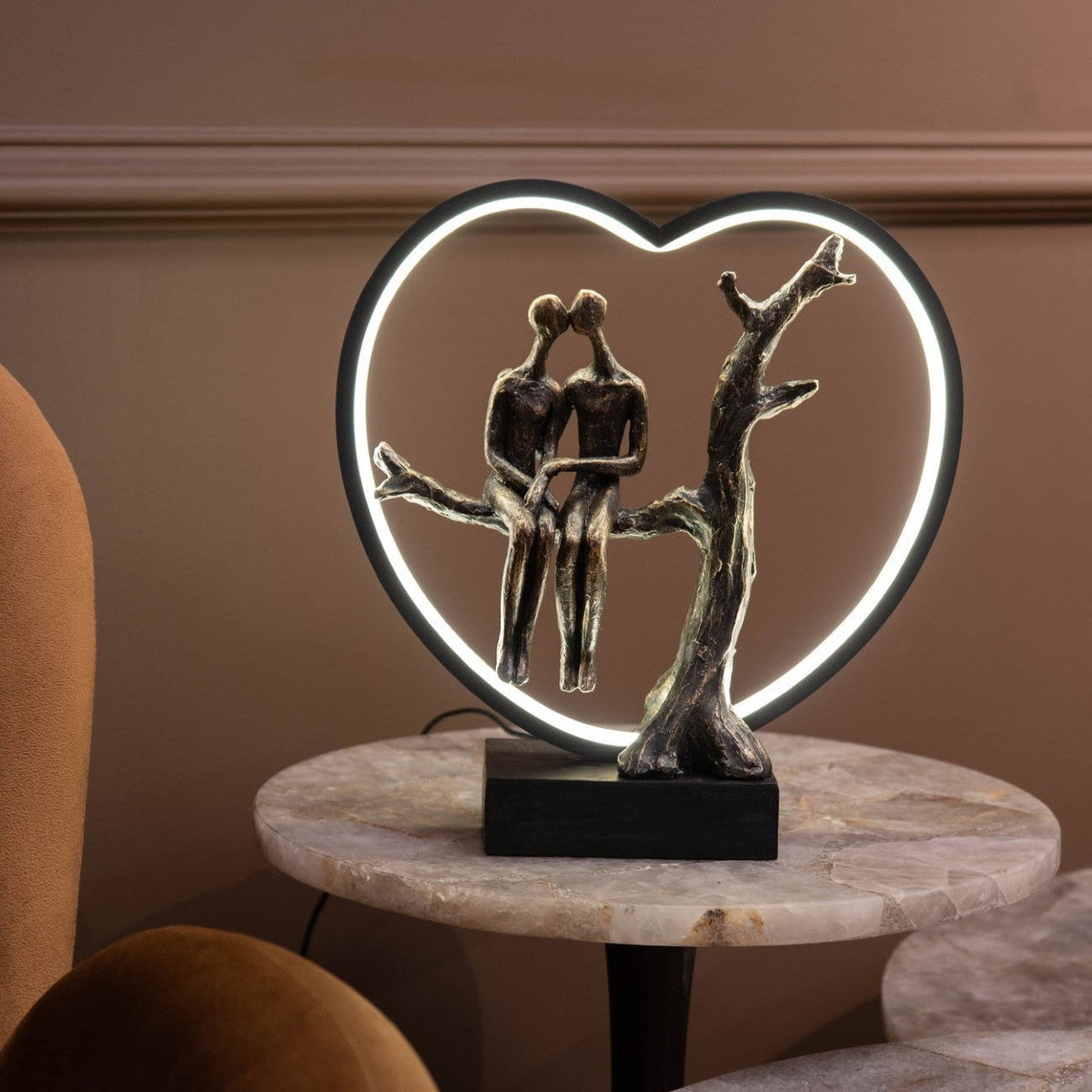 Antique Bronze Lovers on Branch Light Sculpture LED