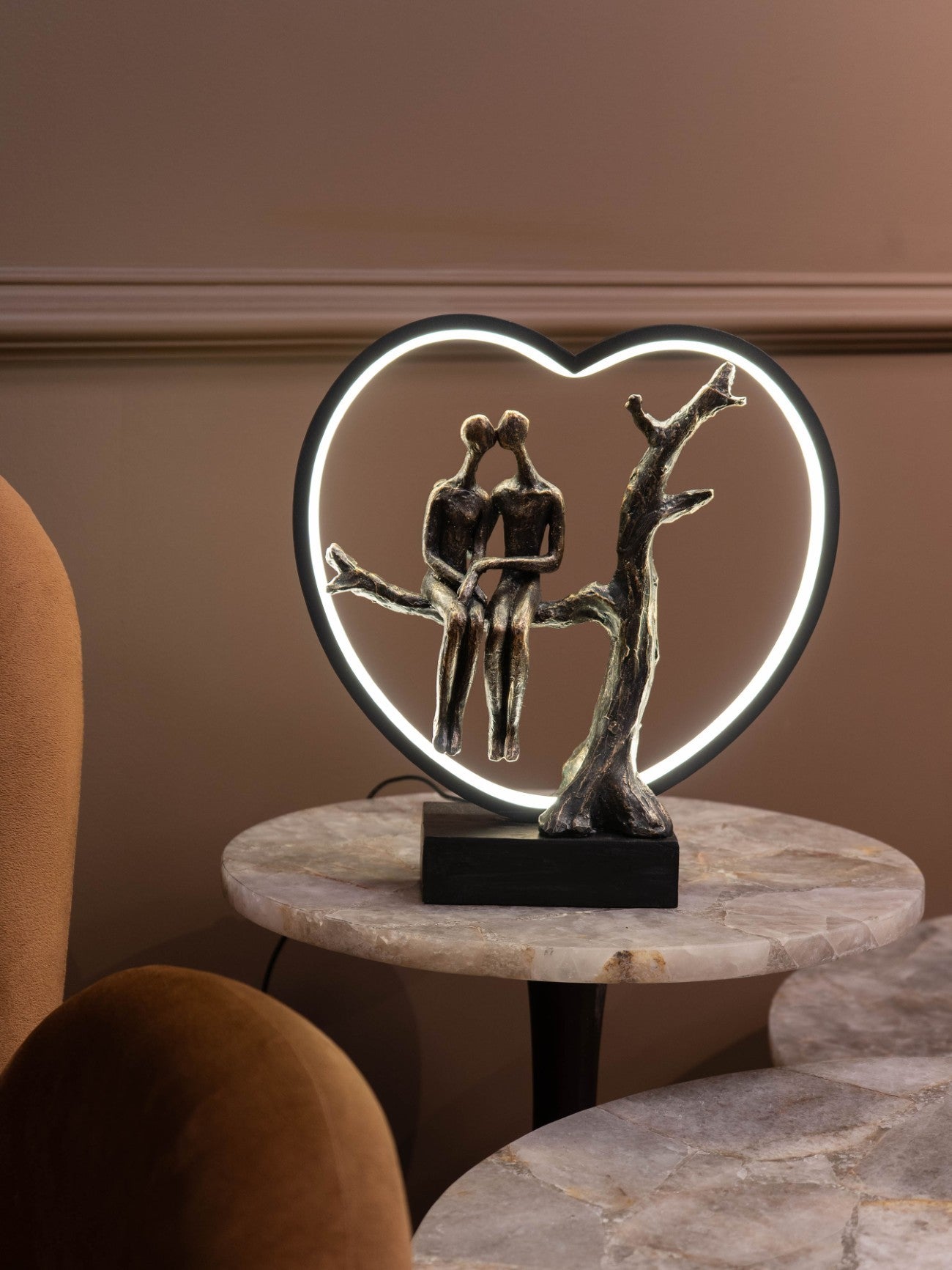 Antique Bronze Lovers on Branch Light Sculpture LED