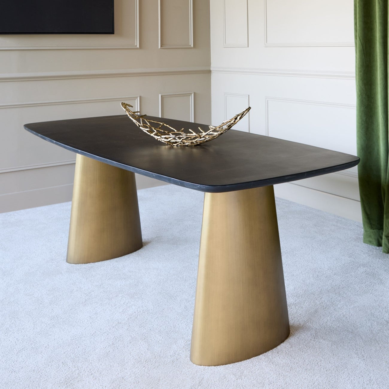 Caldera Solid Black Marble & Brass Dining Table 200cm