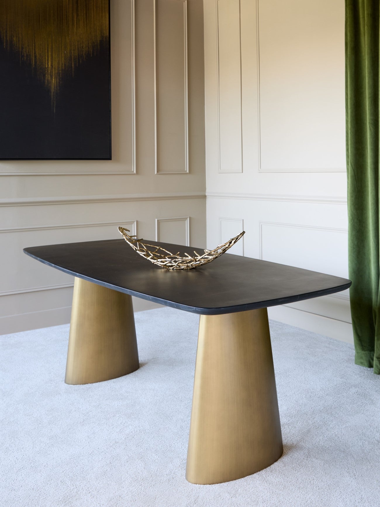 Caldera Solid Black Marble & Brass Dining Table 200cm
