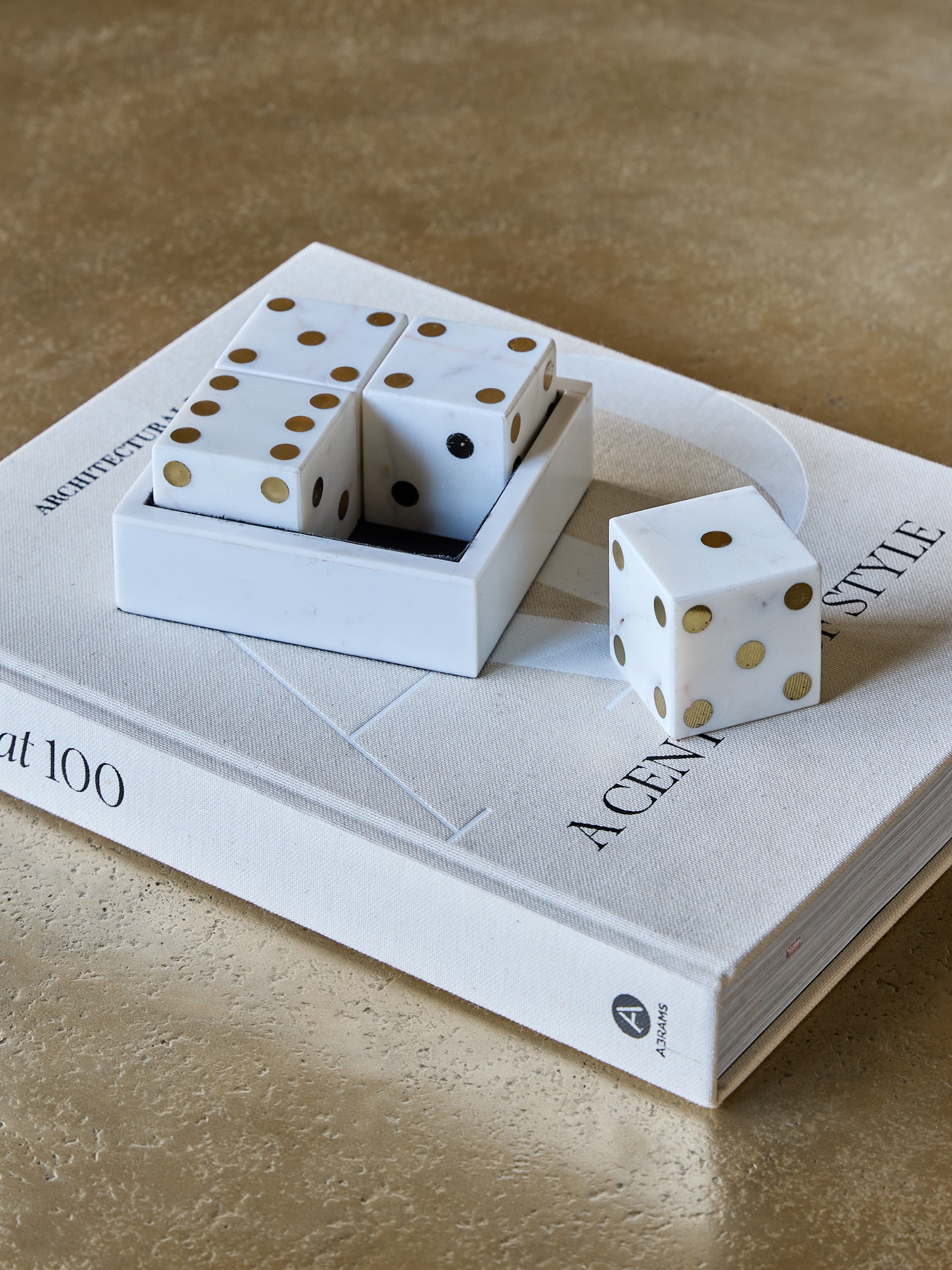 Harris Antique Brass & White Marble Dice Set