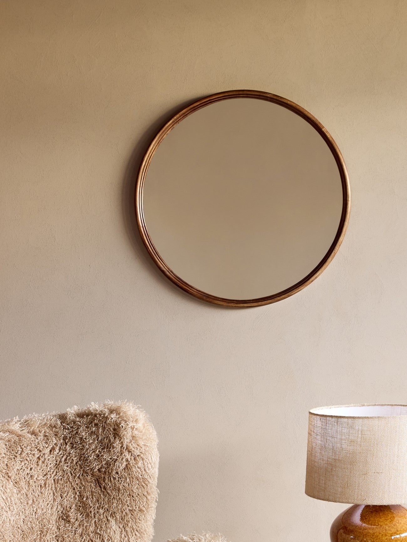 Tilburg Brown Wood Round Wall Mirror lifestyle