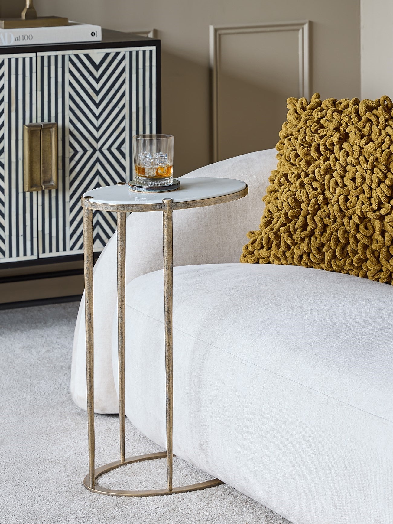 Iota White Banswara Marble & Aged Champagne Oval Side Table view 5