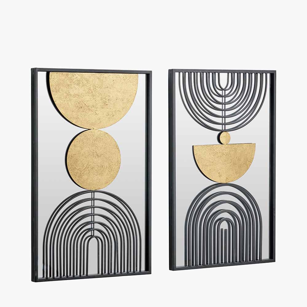 Set of 2 Abstract Mirrored Black & Gold Metal Wall Art