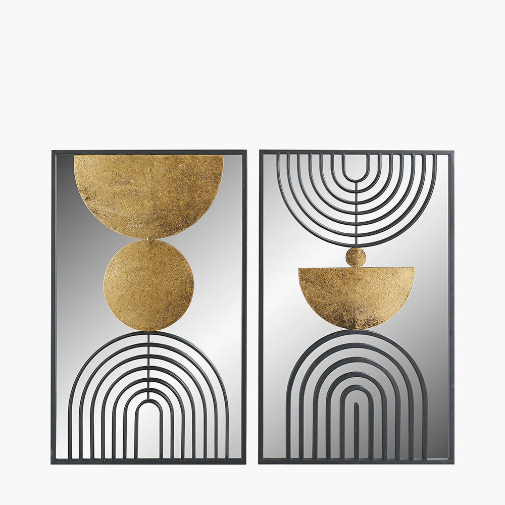 Set of 2 Abstract Mirrored Black & Gold Metal Wall Art